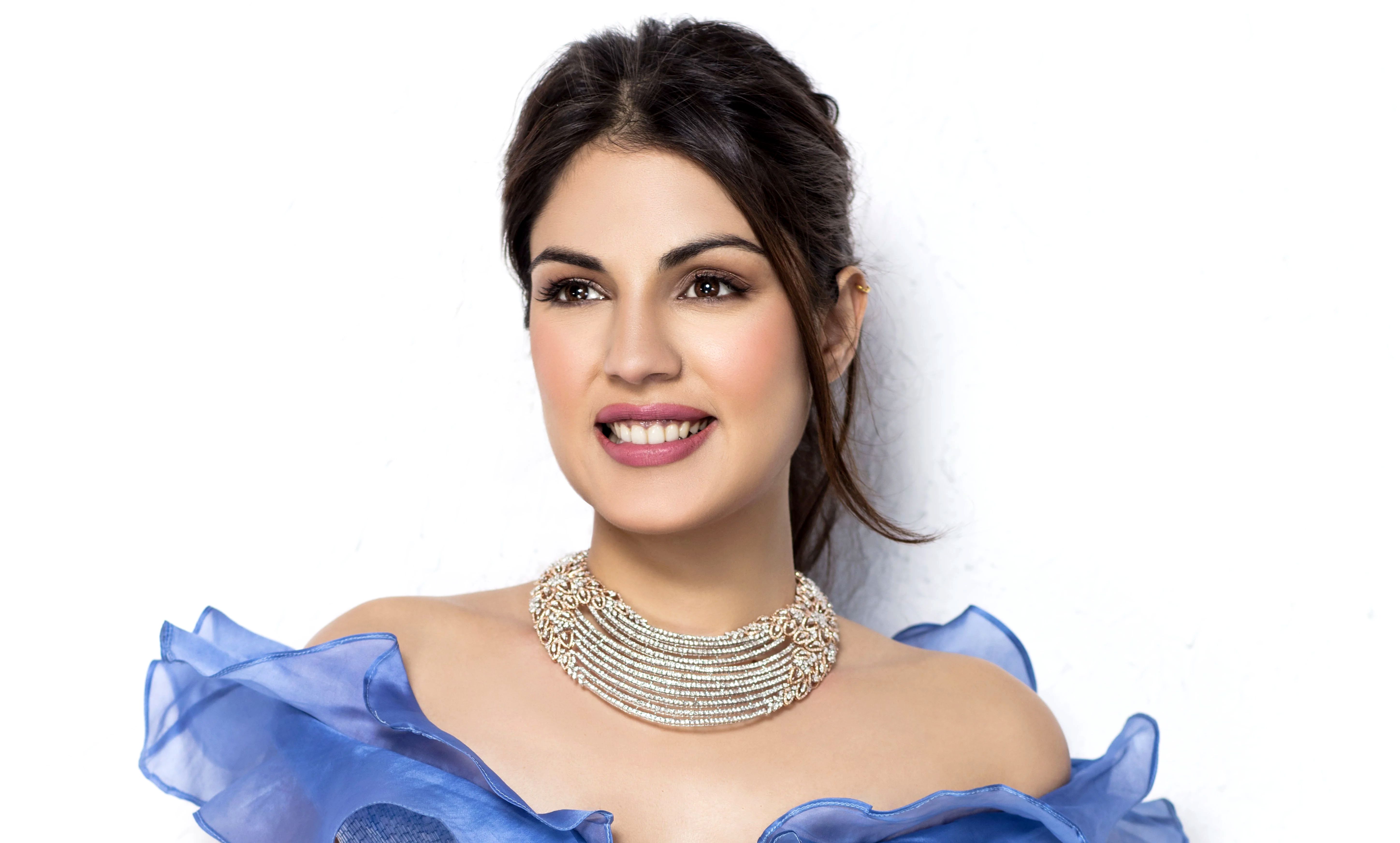 rhea chakraborty, indian, celebrity, actress, blue dress, model, necklace
