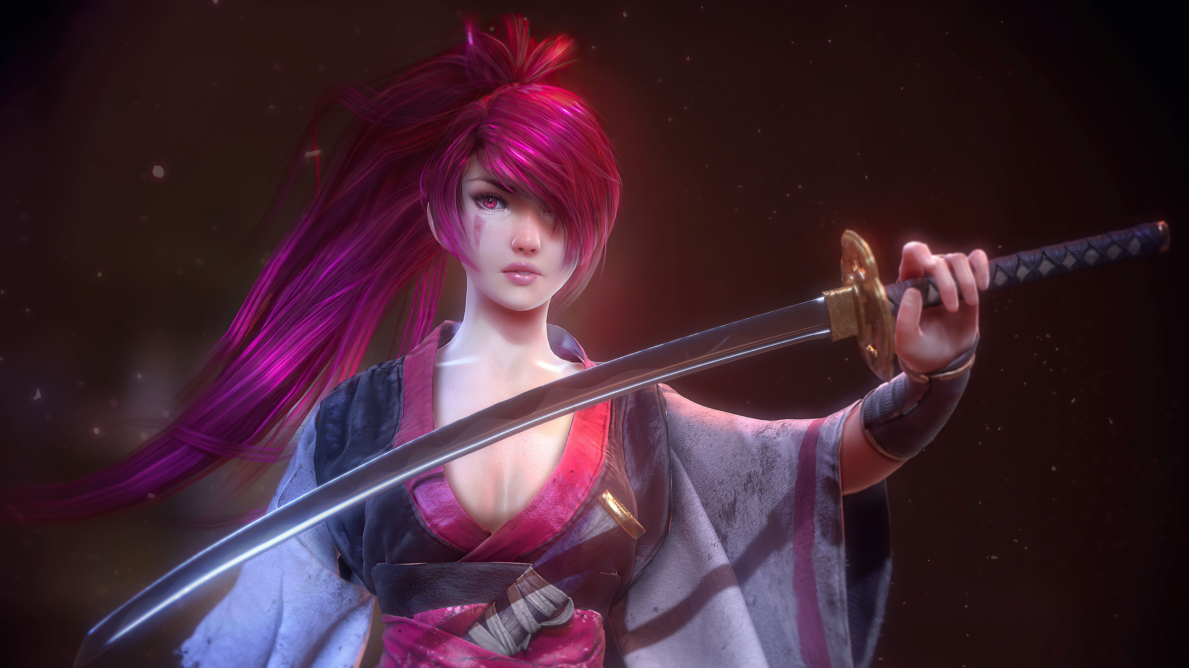 Download mobile wallpaper Fantasy, Pink Hair, Katana, Women Warrior for free.