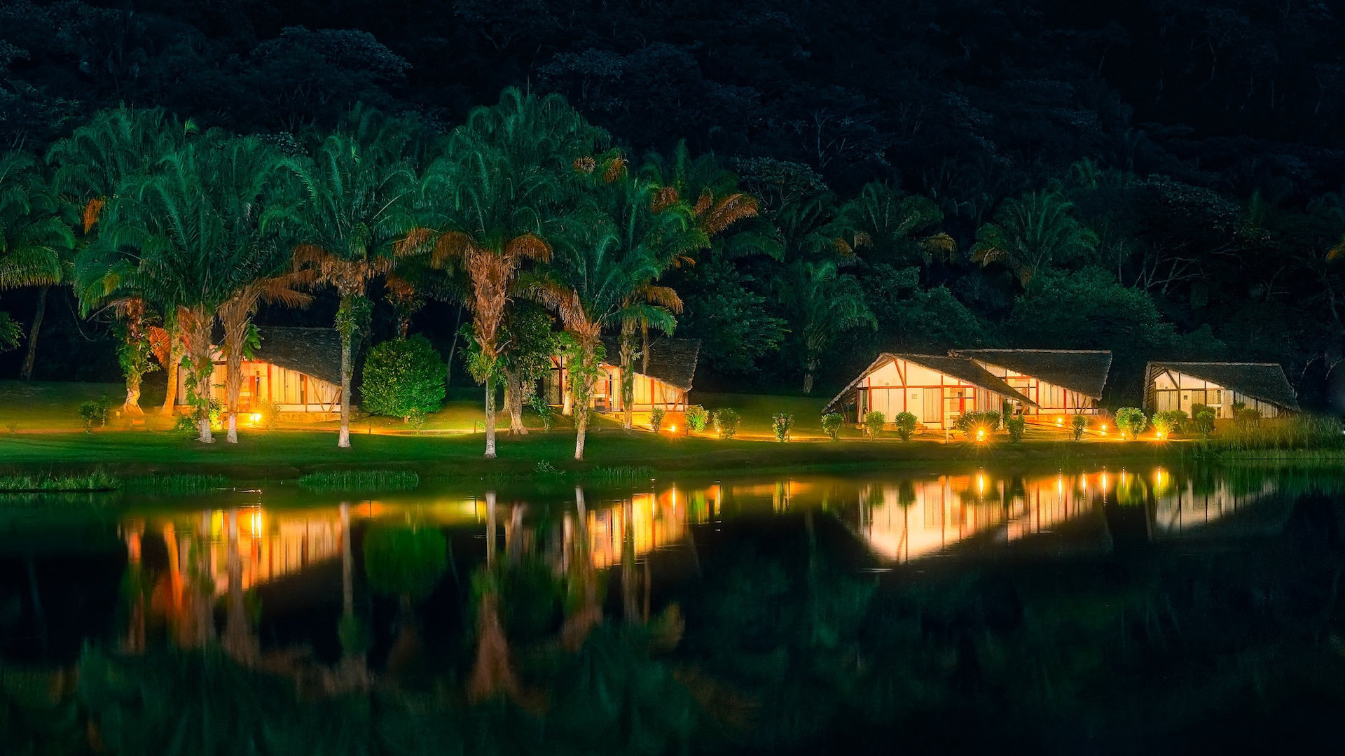 Free download wallpaper Night, Reflection, House, Man Made, Palm Tree on your PC desktop
