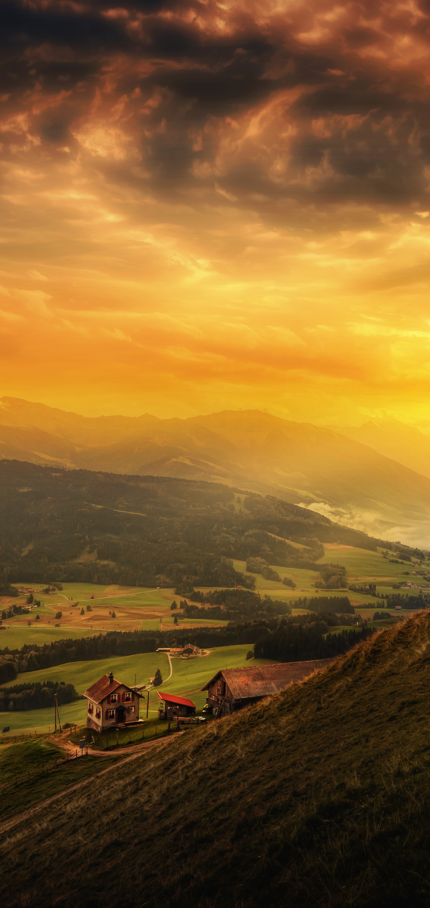 Download mobile wallpaper Landscape, Sunset, Evening, Switzerland, Hill, Valley, Cloud, Photography for free.