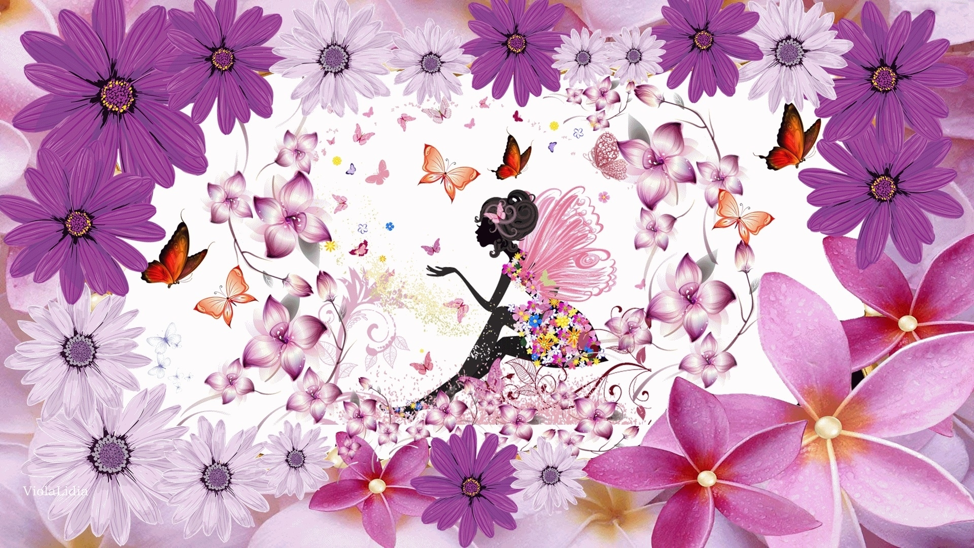Скачать обои бесплатно Цветок, Бабочка, Красочный, Художественный, Женщины картинка на рабочий стол ПК