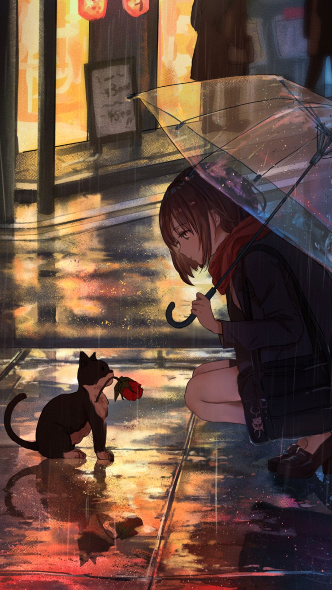 Download mobile wallpaper Anime, Rain, Cat, Original for free.