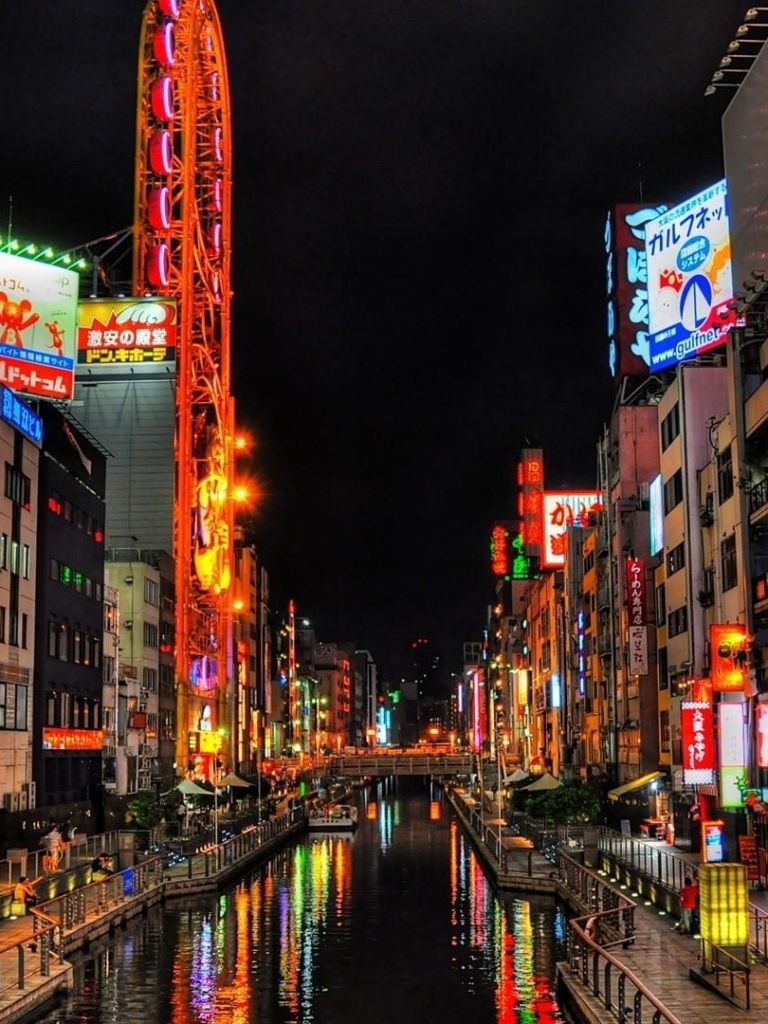 Download mobile wallpaper Cities, Night, City, Building, Light, Japan, Hdr, Osaka, Man Made, Canal for free.