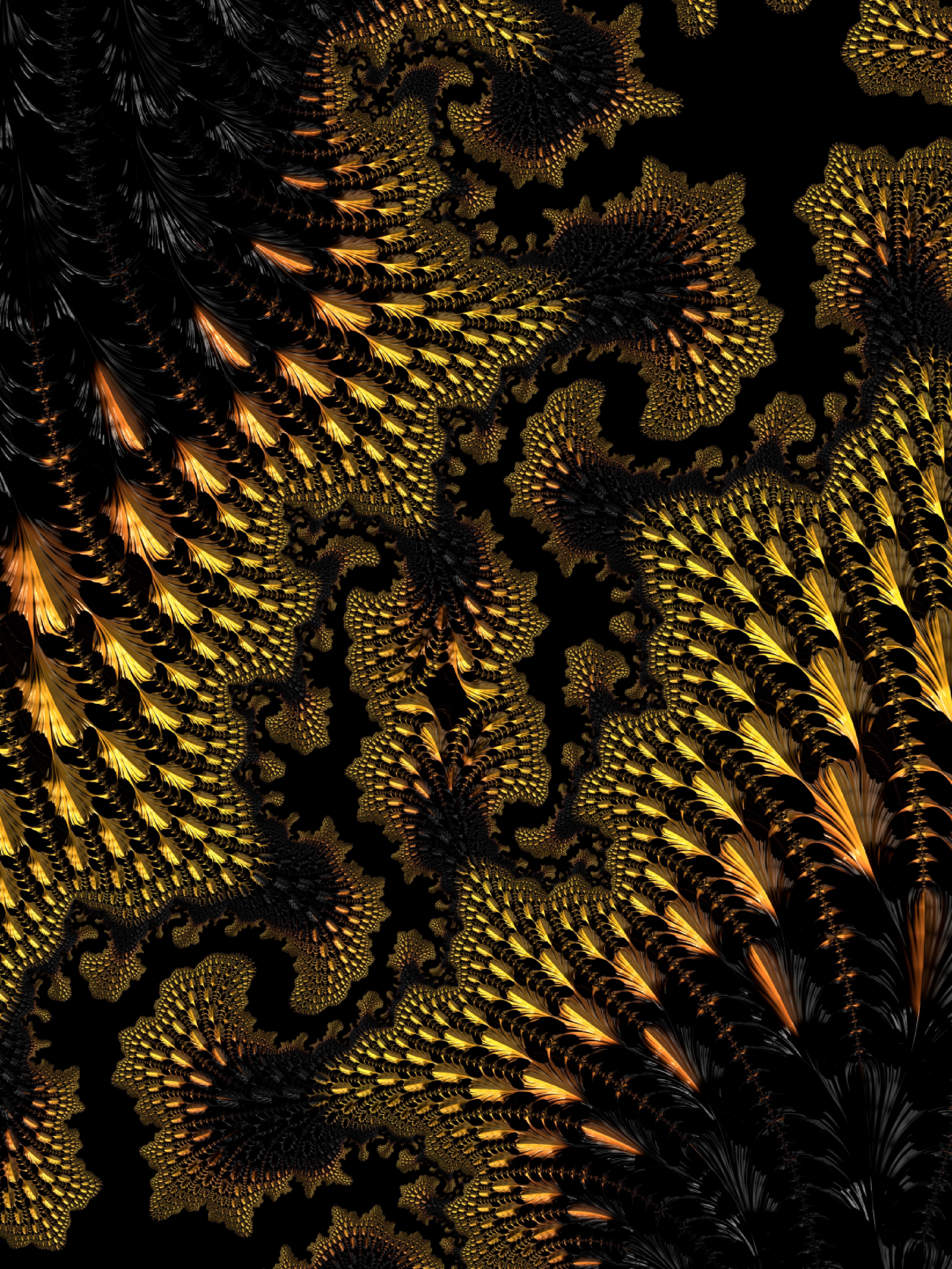 fractal, ornate, 3d, abstract, black, yellow, winding, sinuous Phone Background