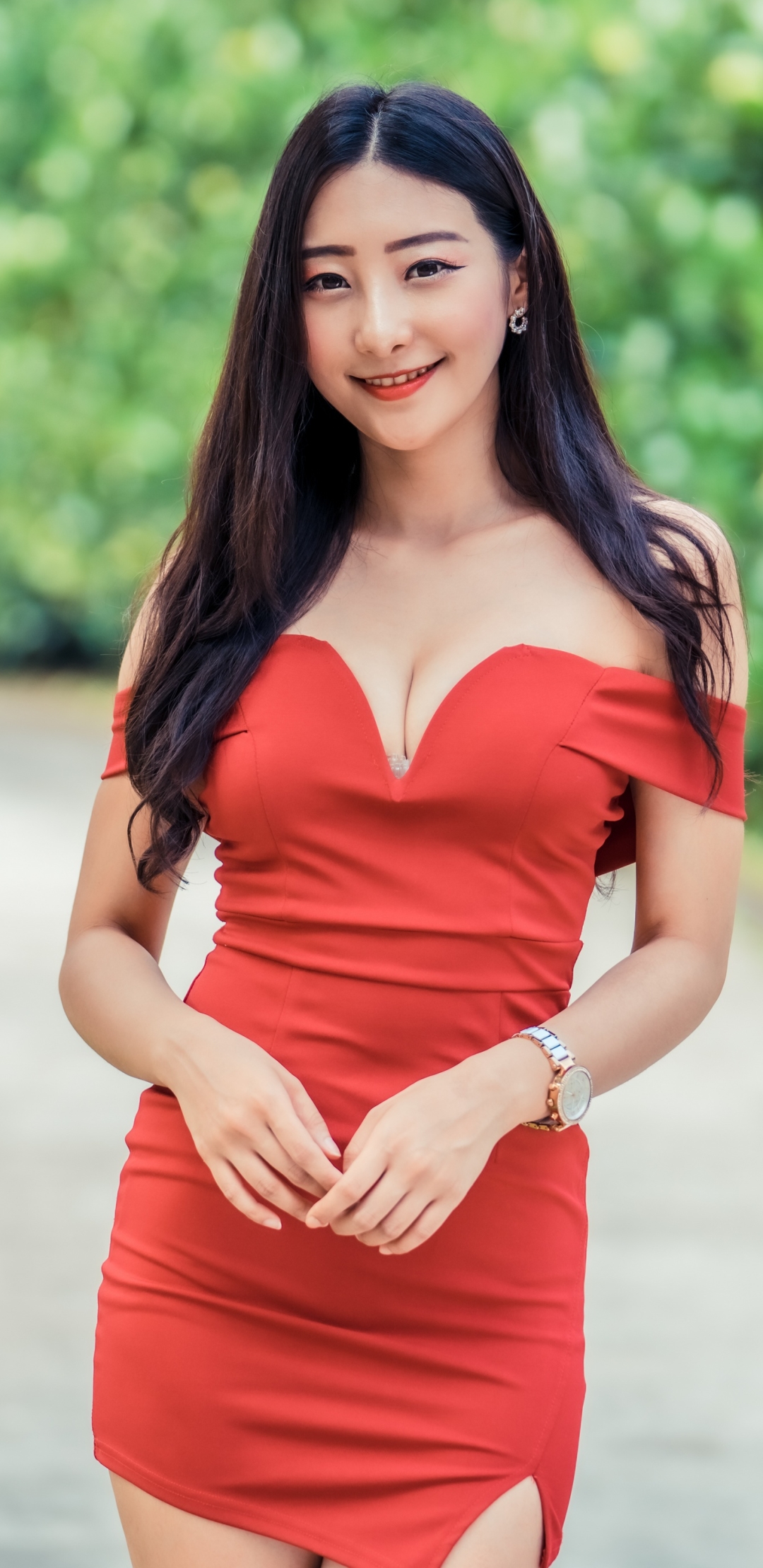 Download mobile wallpaper Smile, Model, Women, Asian, Black Hair, Long Hair, Red Dress for free.