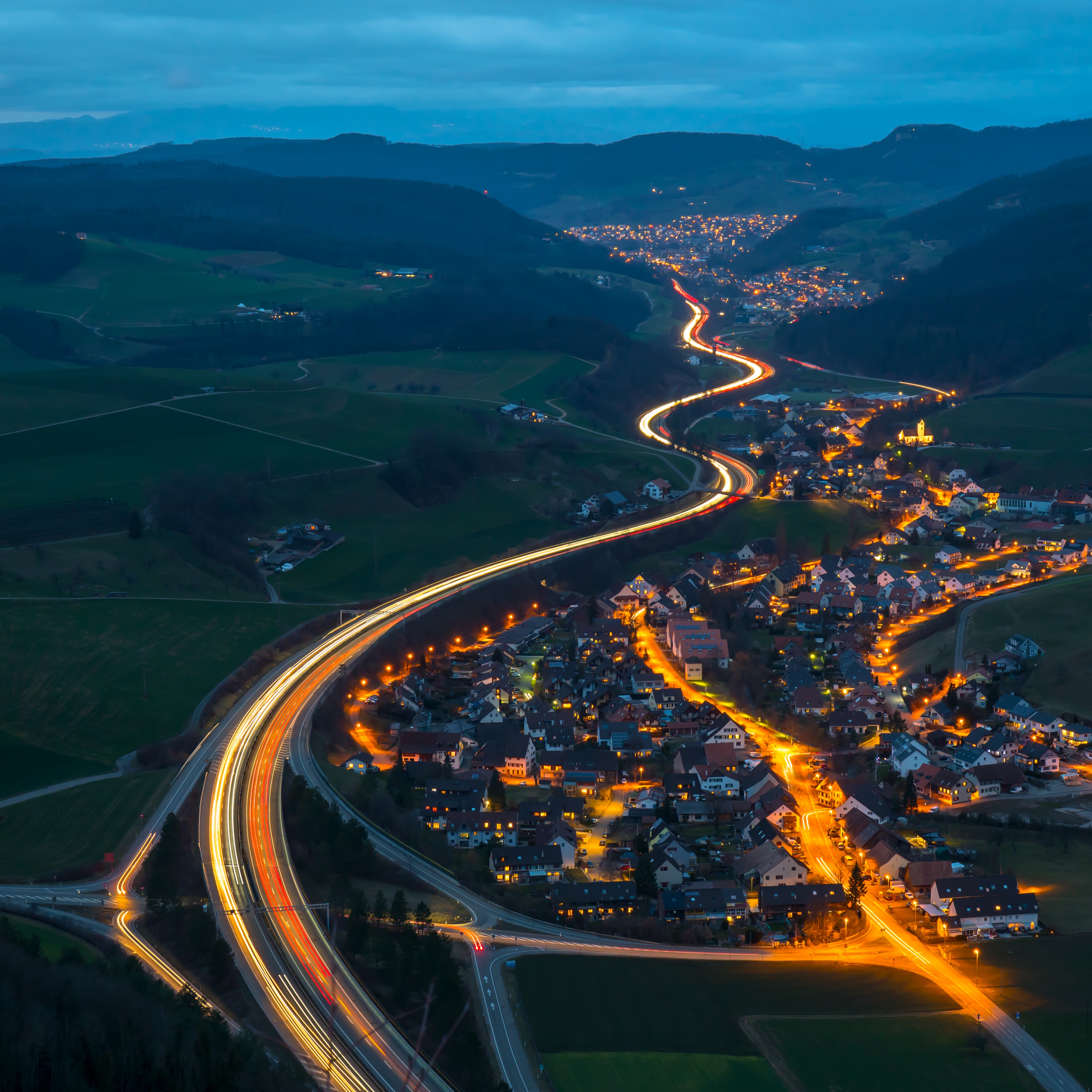 mountains, roads, switzerland, cities, night, view from above, village