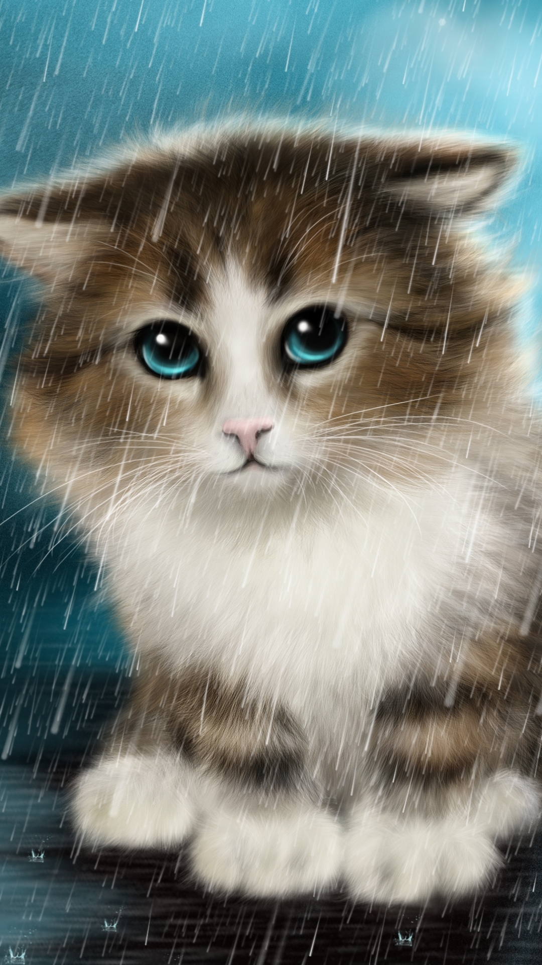 無料モバイル壁紙動物, 雨, ネコ, 猫, 子猫, ペインティング, 青い目をダウンロードします。