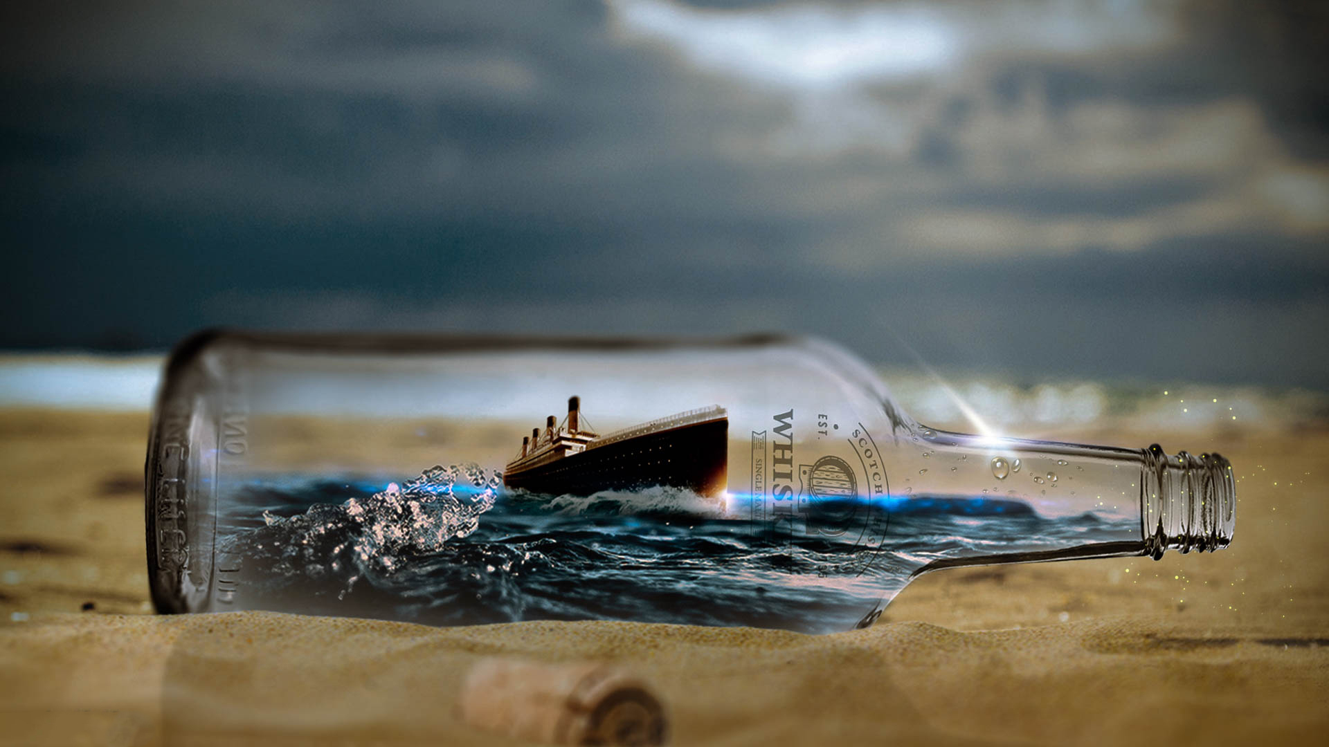 bottle, titanic, photography, manipulation, sand, ship