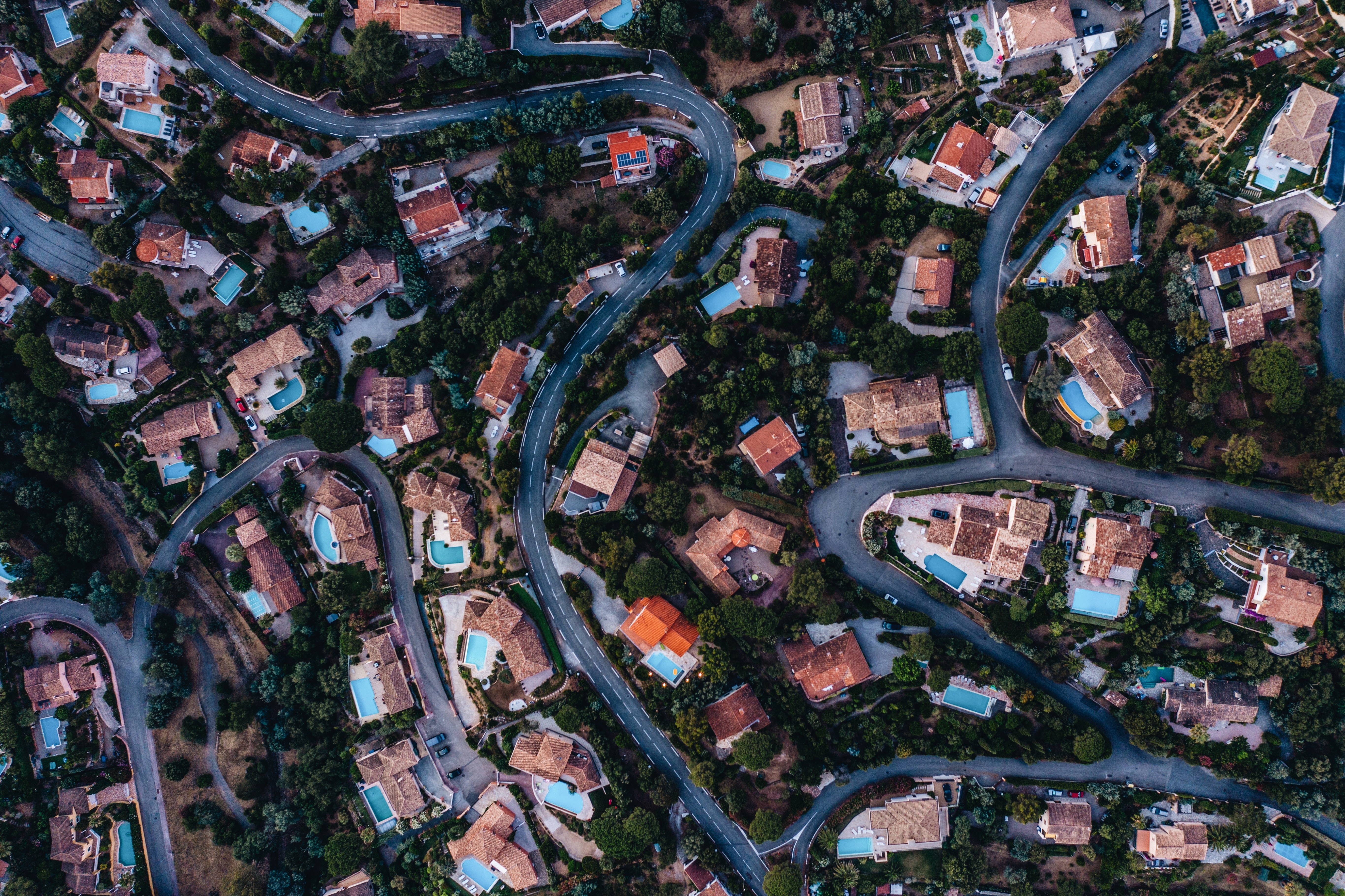 view from above, houses, miscellanea, miscellaneous, road, winding, sinuous