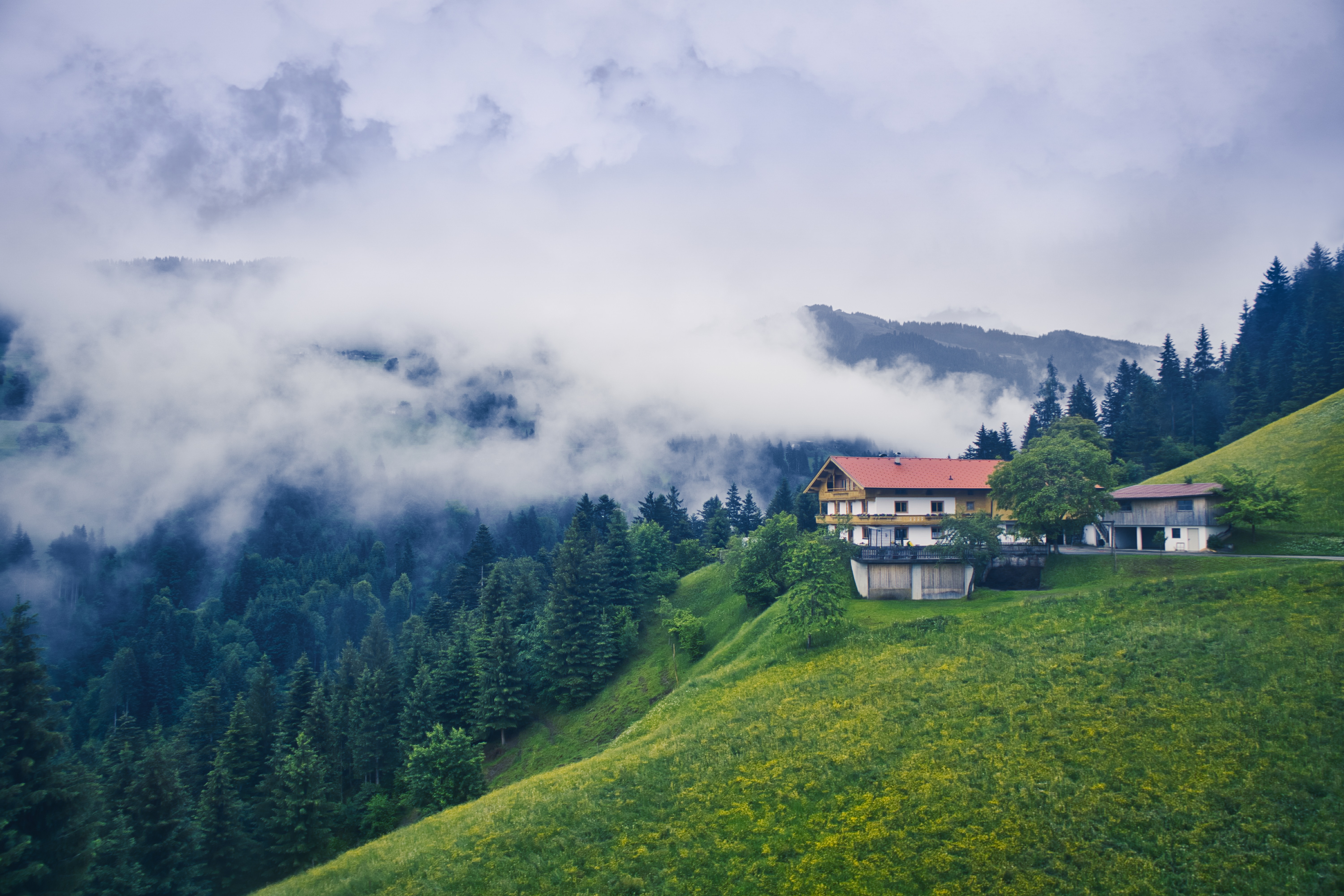 Free download wallpaper Nature, Mountains, Clouds, Landscape, House on your PC desktop