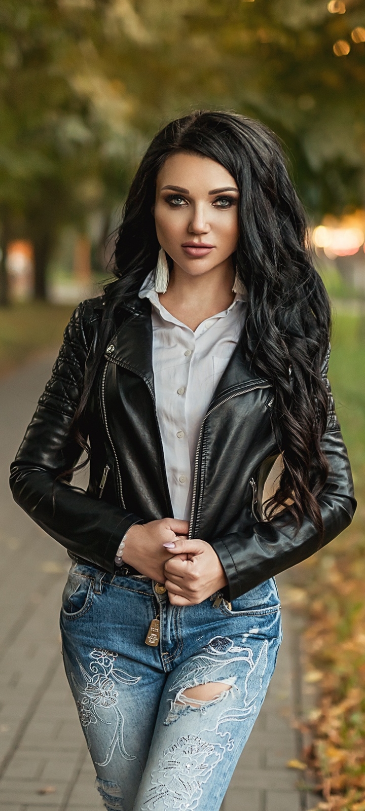 Download mobile wallpaper Model, Women, Black Hair, Long Hair, Leather Jacket for free.