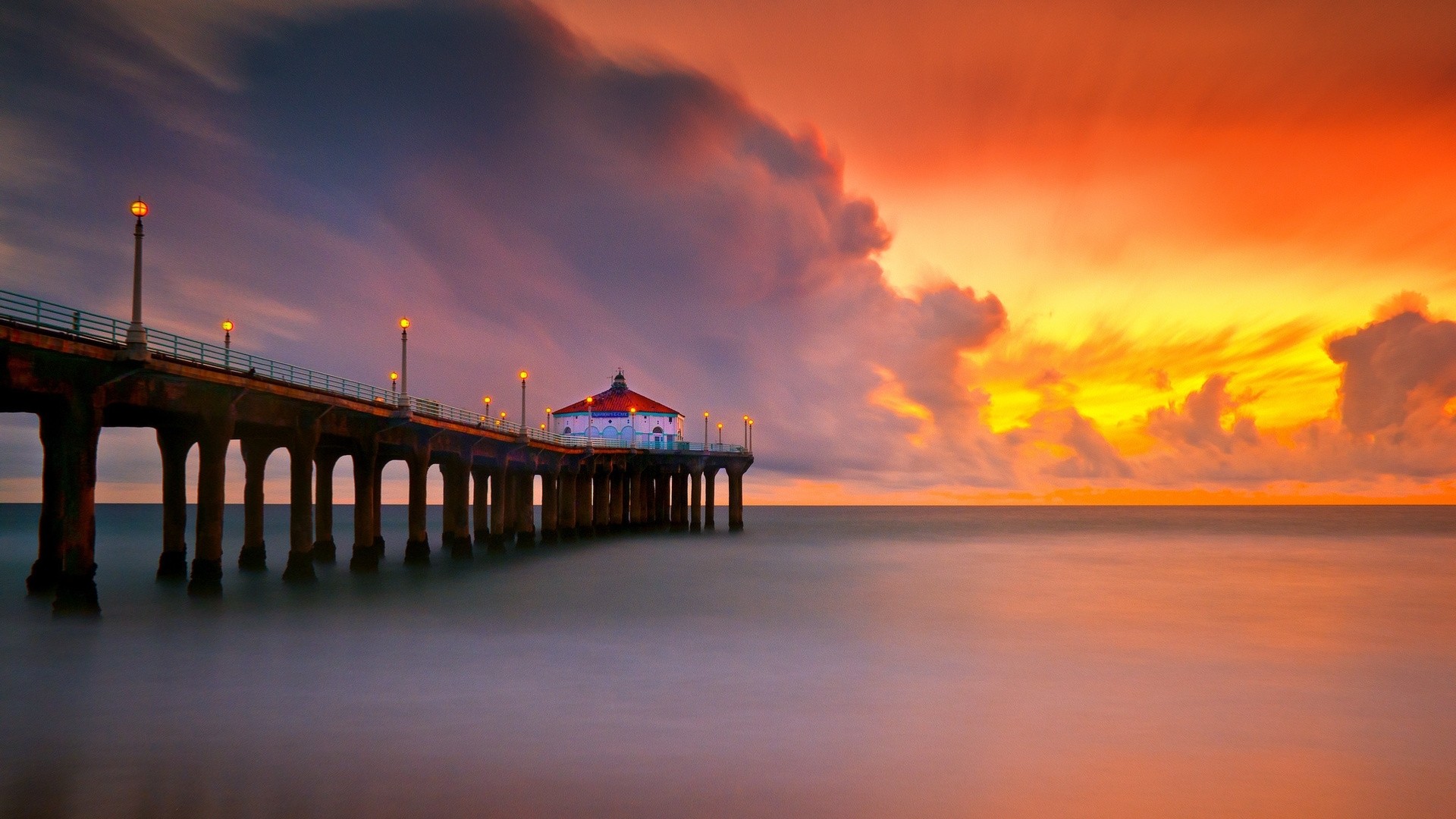 Laden Sie das Horizont, Seebrücke, Ozean, Meer, Himmel, Sonnenuntergang, Menschengemacht-Bild kostenlos auf Ihren PC-Desktop herunter