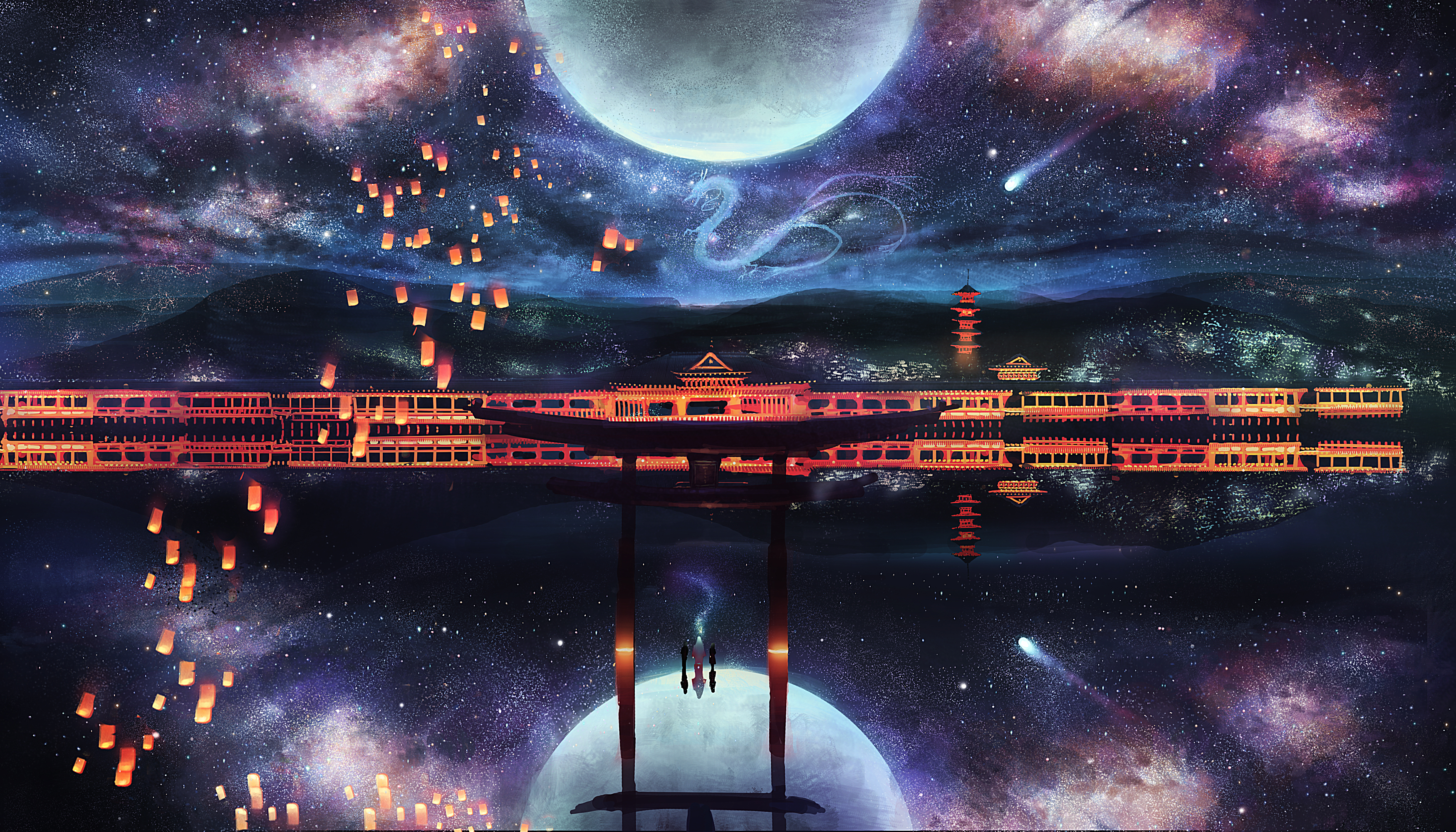 Free download wallpaper Anime, Building, Reflection, Starry Sky, Planet, Torii, Shooting Star, Shrine on your PC desktop