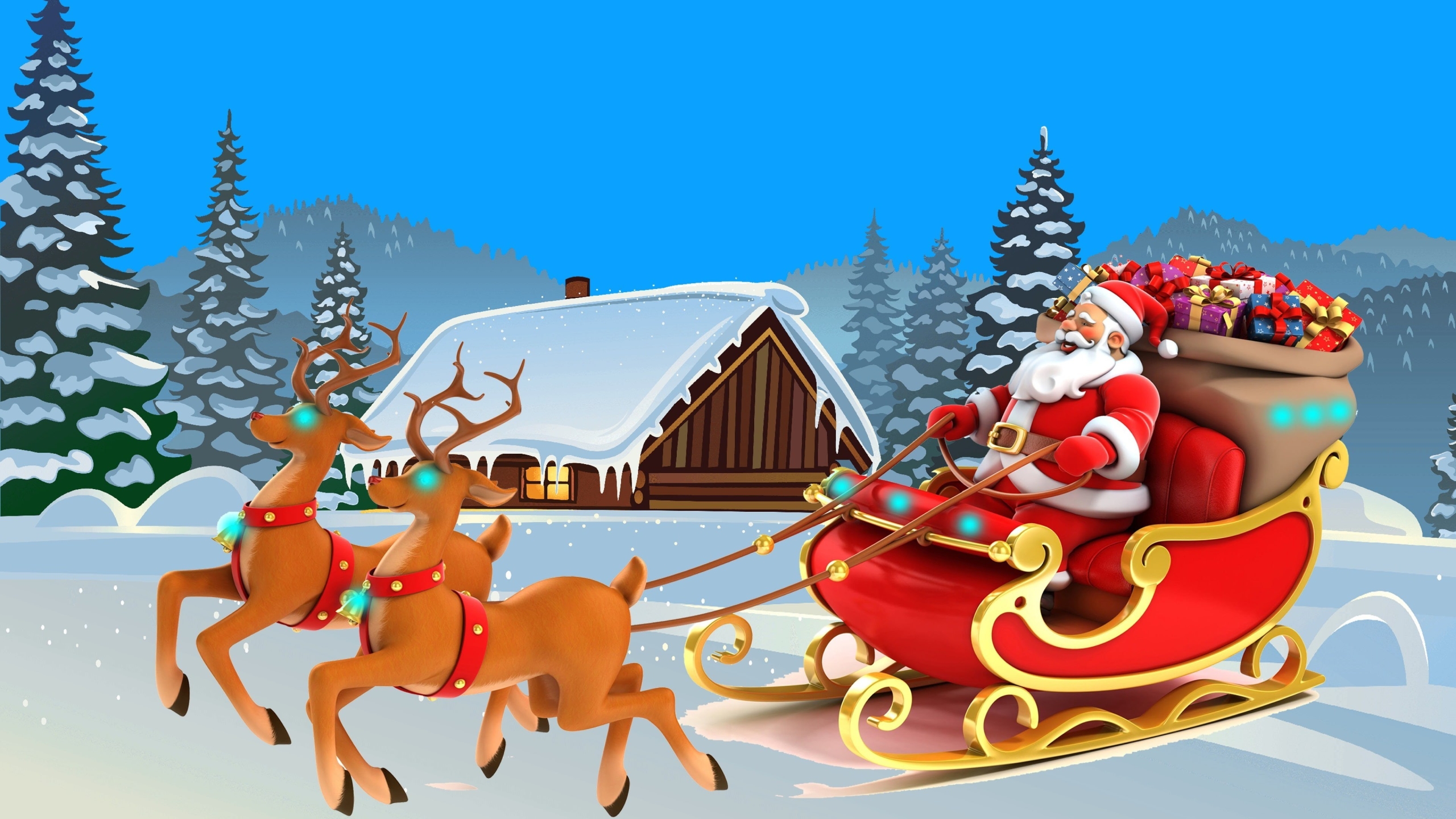 Download mobile wallpaper Snow, Tree, Christmas, Holiday, Sleigh, Santa, Cabin, Reindeer for free.