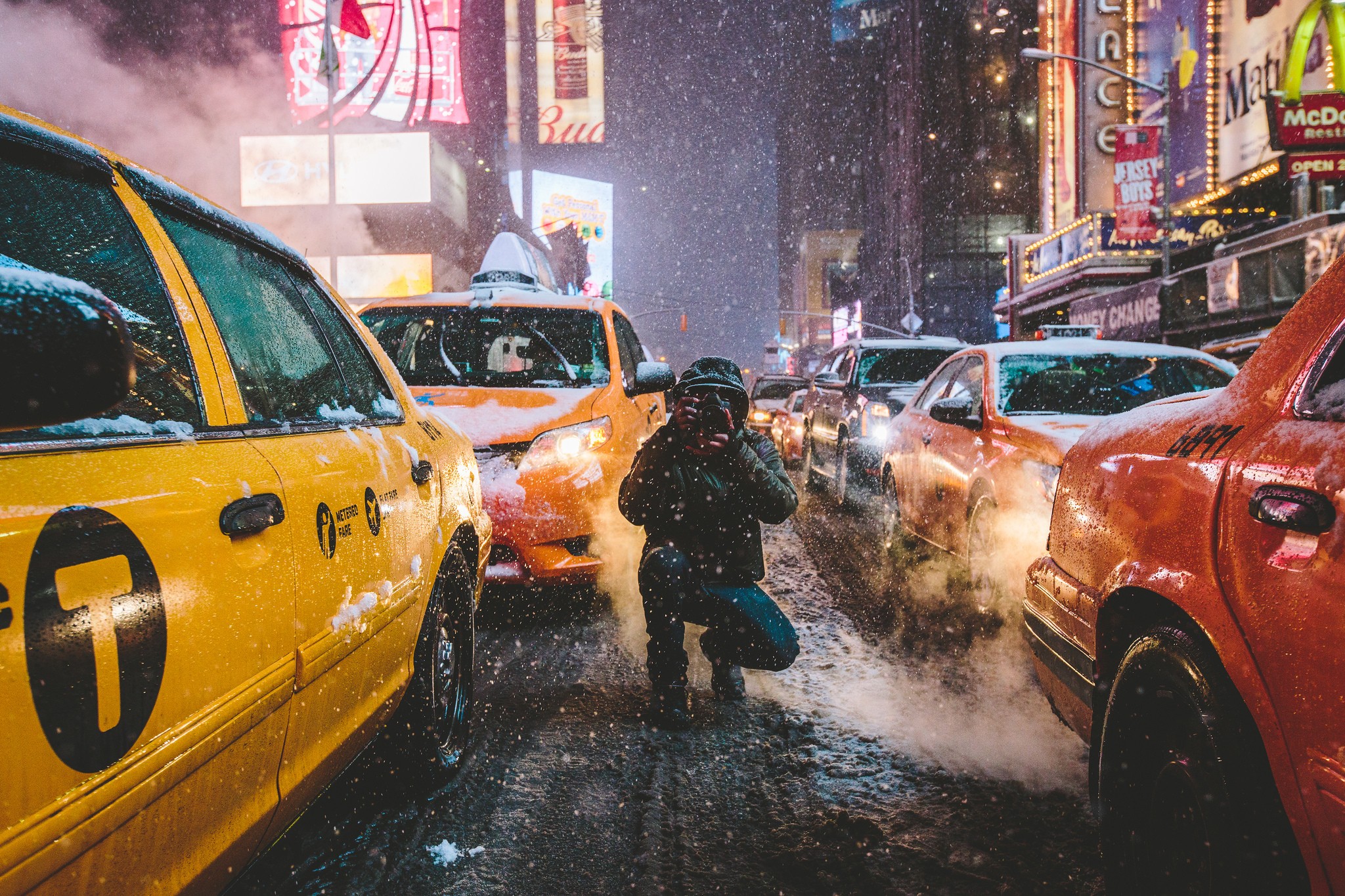 camera, man made, car, new york, night, snowfall, street, taxi, usa, winter