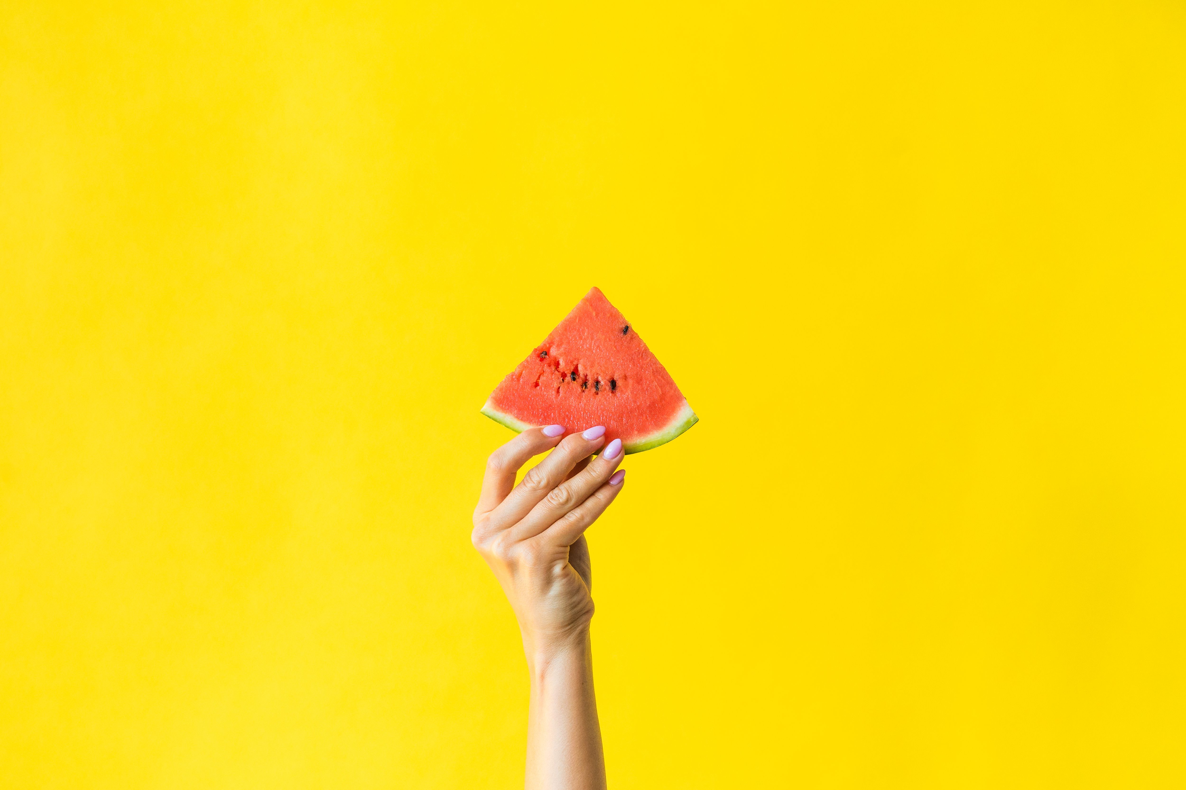 Free download wallpaper Food, Hand, Berry, Watermelon, Fruit on your PC desktop