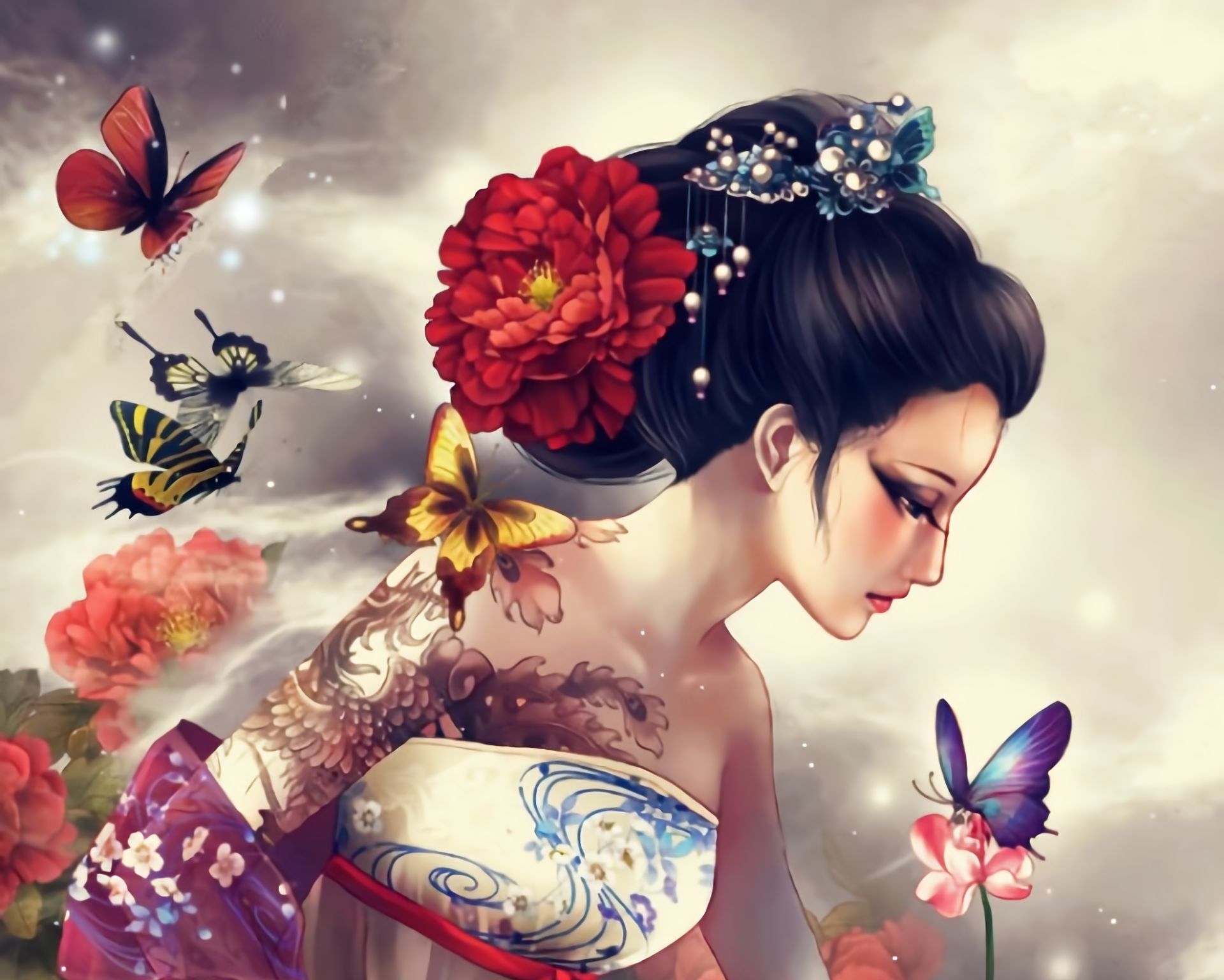 Laden Sie das Schmetterlinge, Fantasie, Tätowierung, Bunt, Frauen-Bild kostenlos auf Ihren PC-Desktop herunter