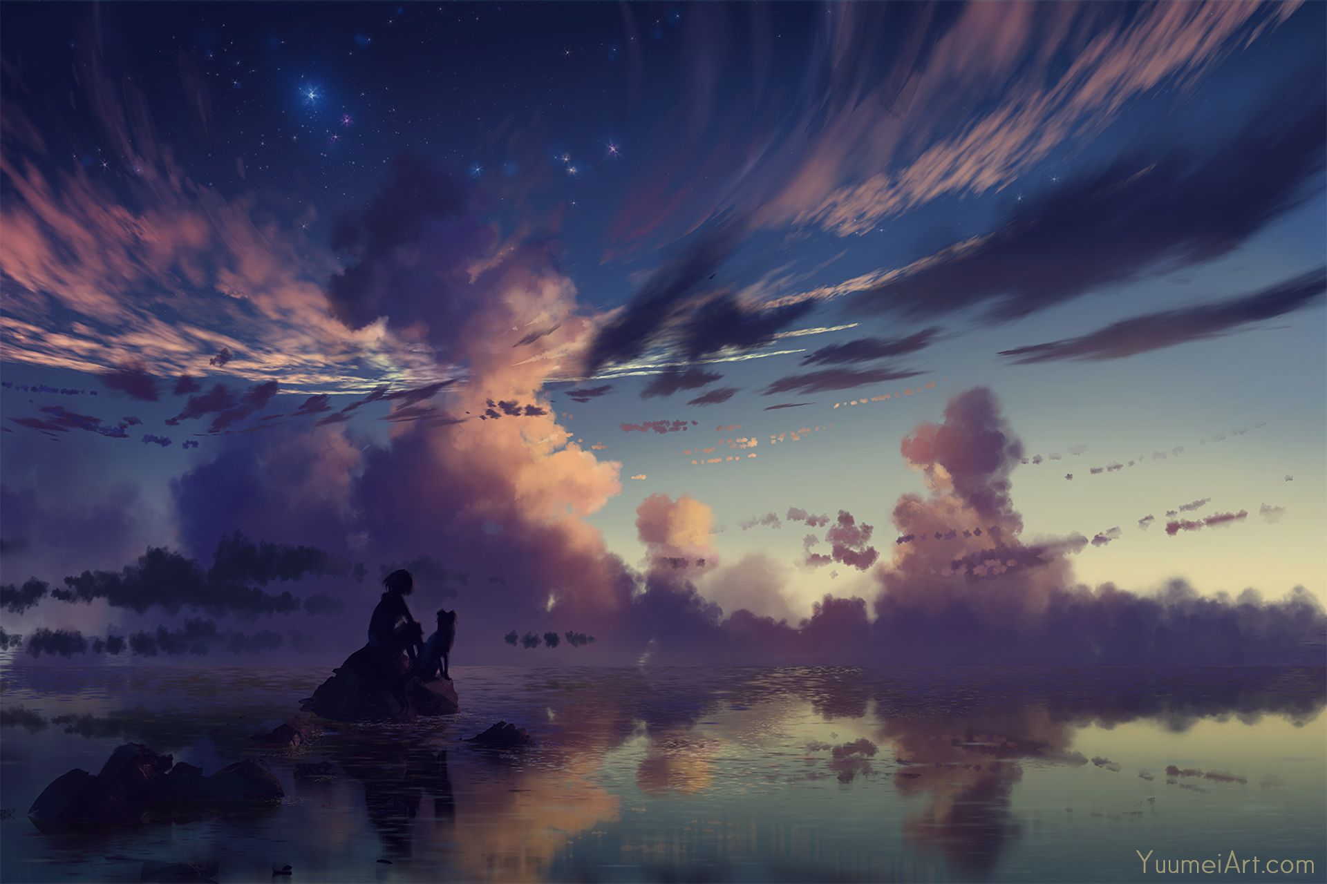 Download mobile wallpaper Anime, Water, Sunset, Stars, Dog, Cloud for free.