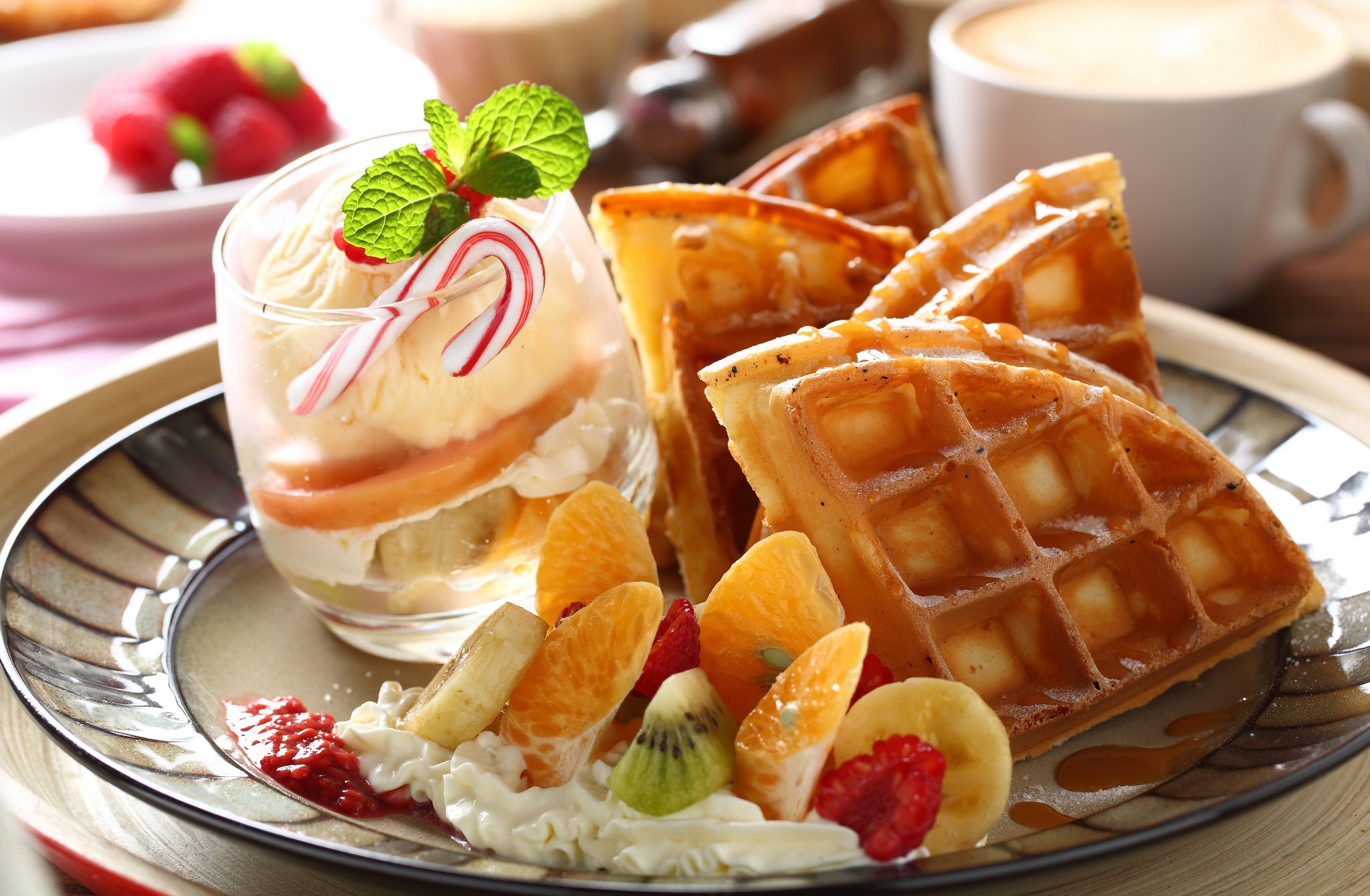 Download mobile wallpaper Food, Still Life, Cup, Fruit, Waffle, Breakfast for free.
