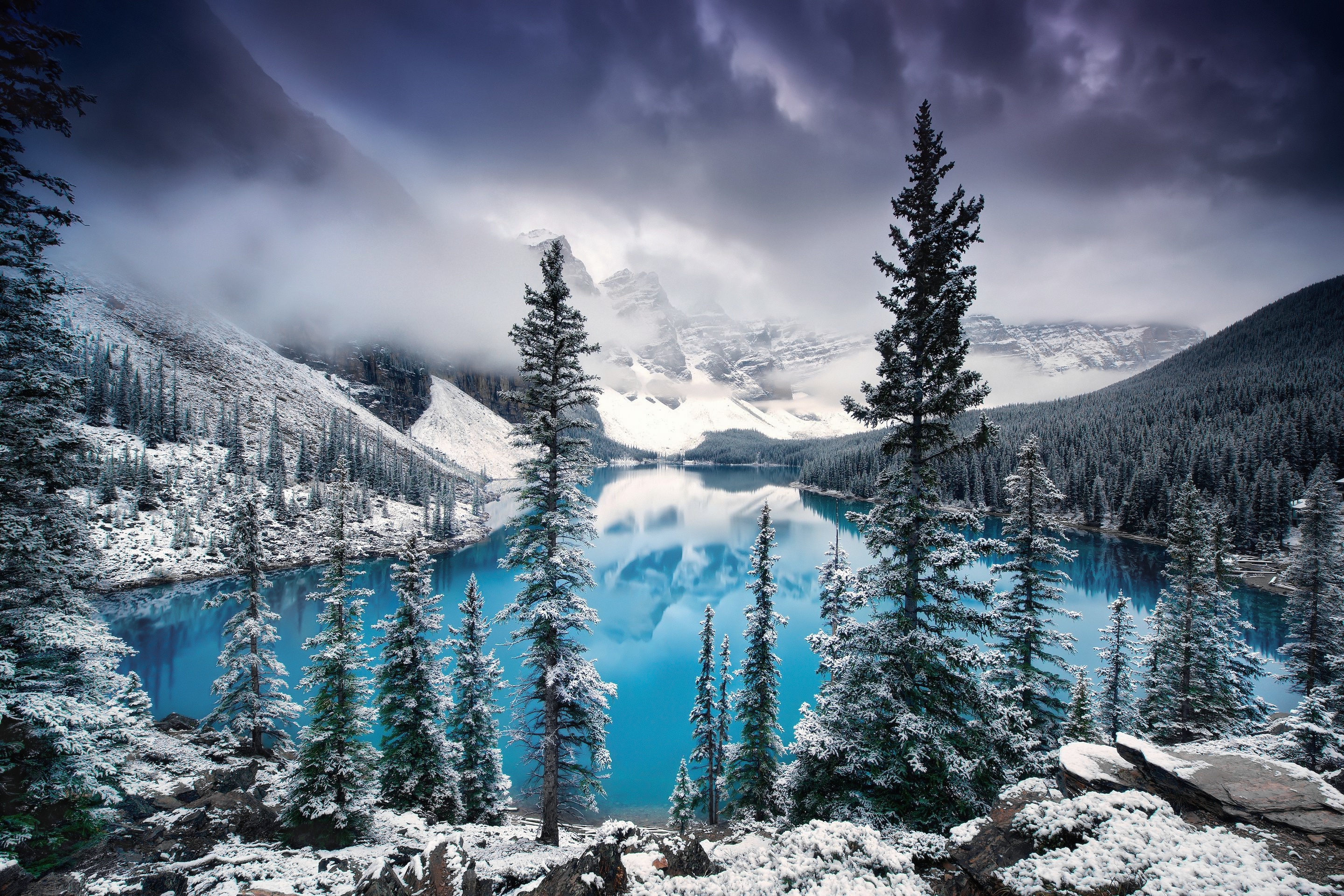 PCデスクトップに冬, 自然, 木, 雪, 湖, 森, 地球画像を無料でダウンロード