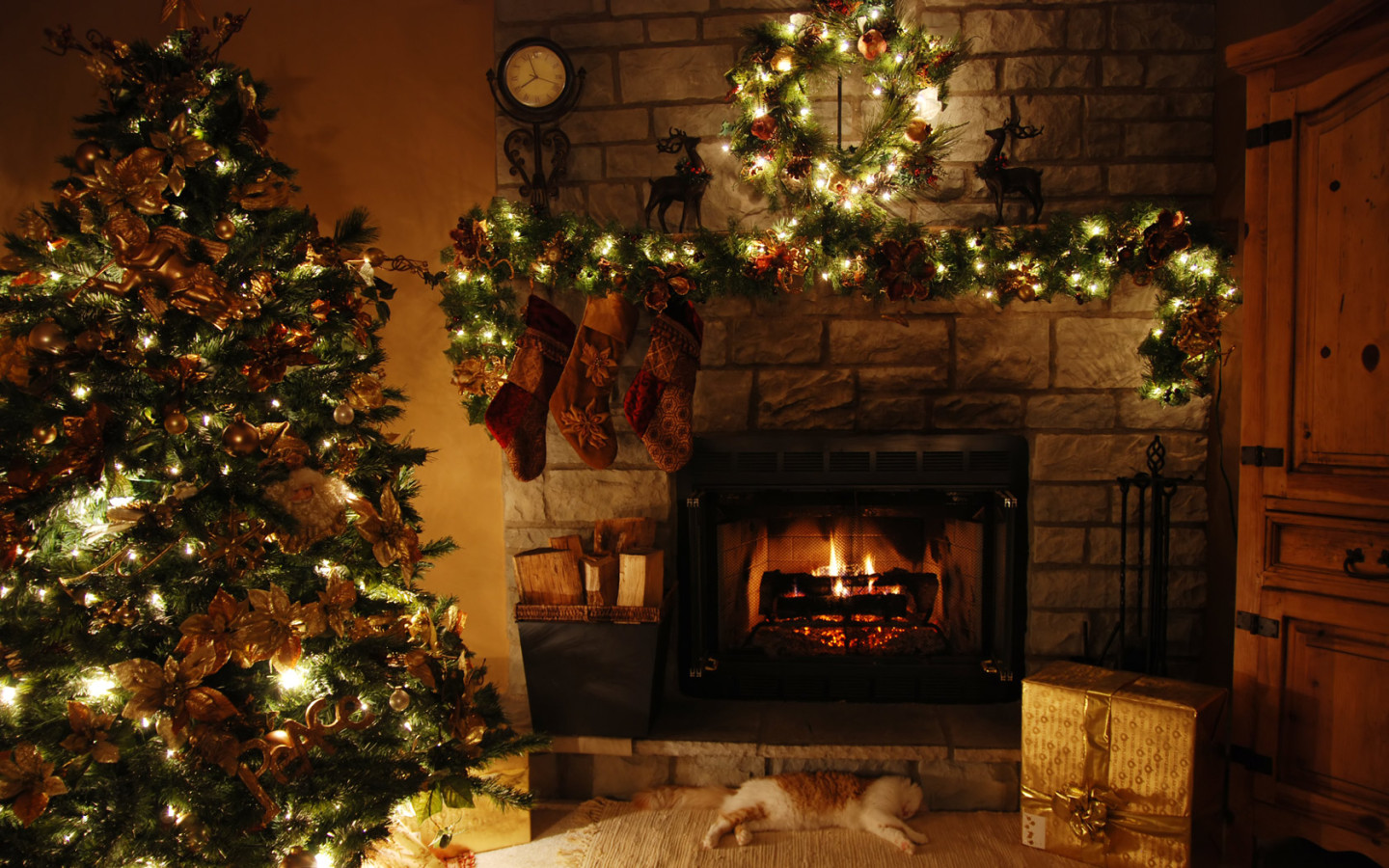1435706 скачать картинку рождество, подарок, камин, рождественская елка, кошка, праздничные - обои и заставки бесплатно