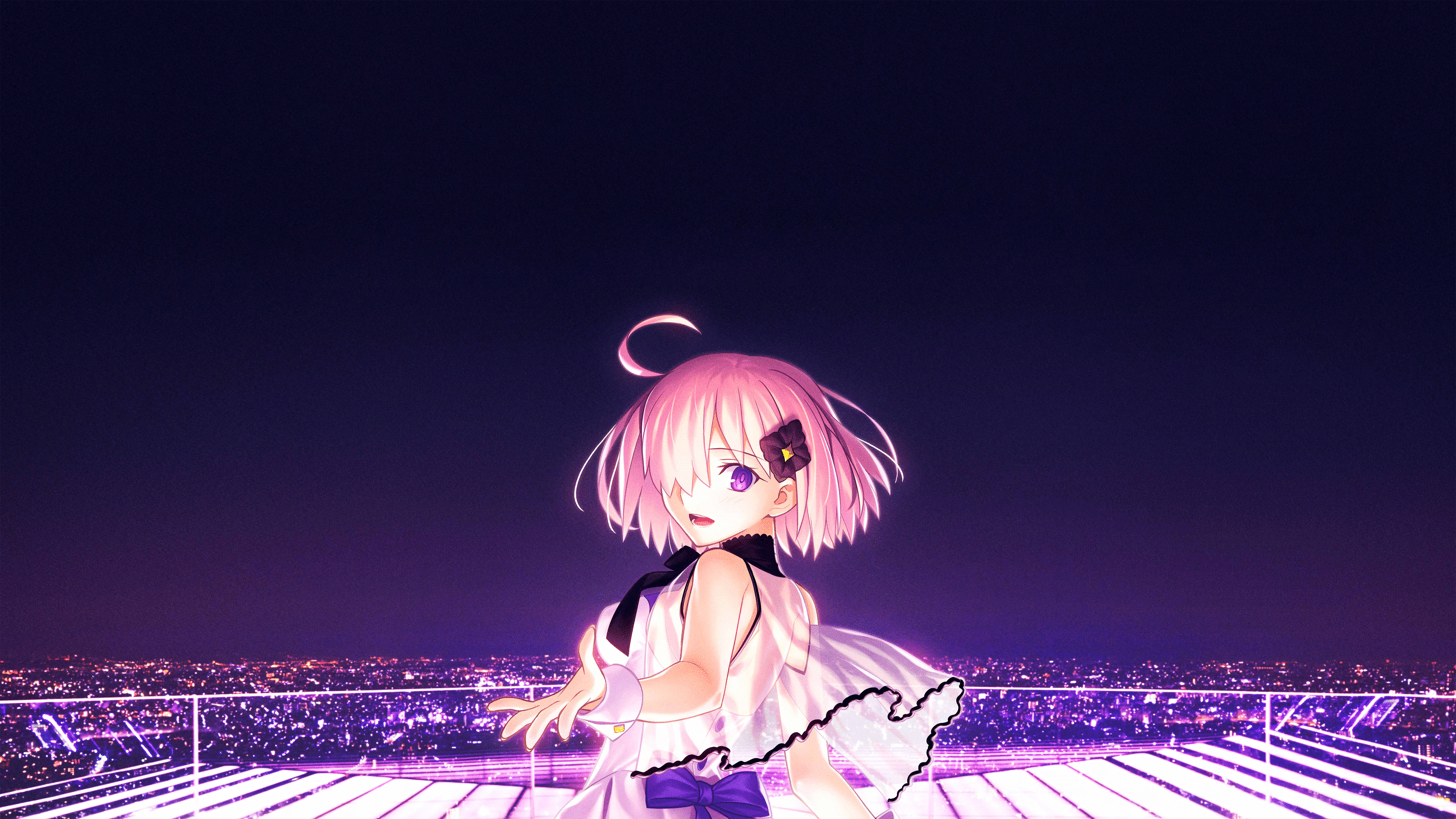 Free download wallpaper Anime, Night, City, Dress, Pink Hair, Short Hair, Purple Eyes, Fate/grand Order, Mashu Kyrielight, Fate Series on your PC desktop