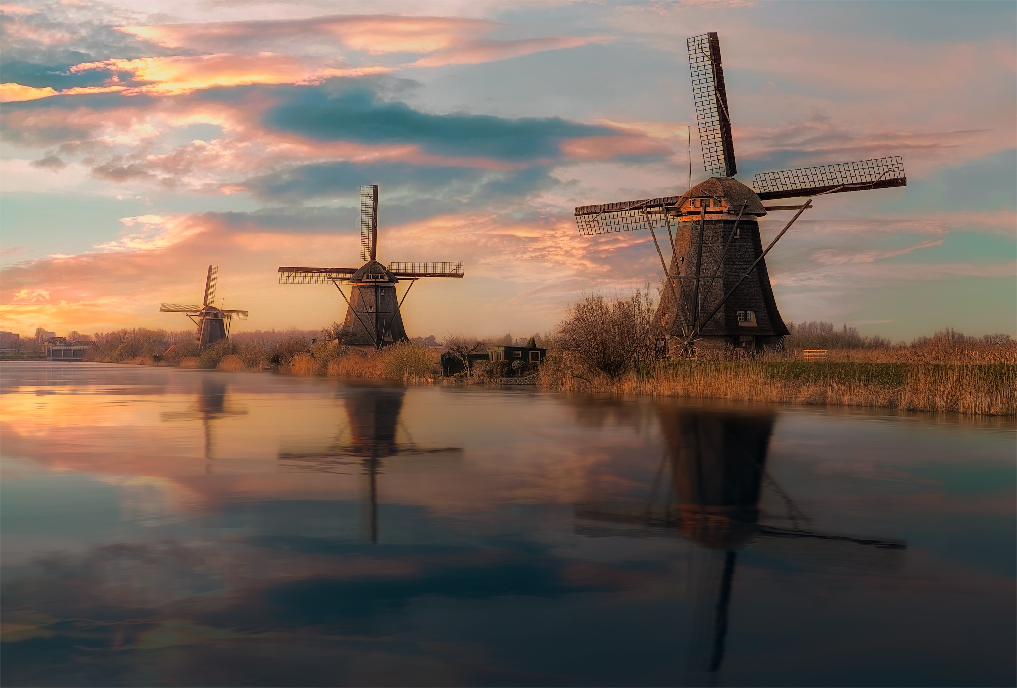 Download mobile wallpaper Building, Reflection, River, Windmill, Man Made for free.