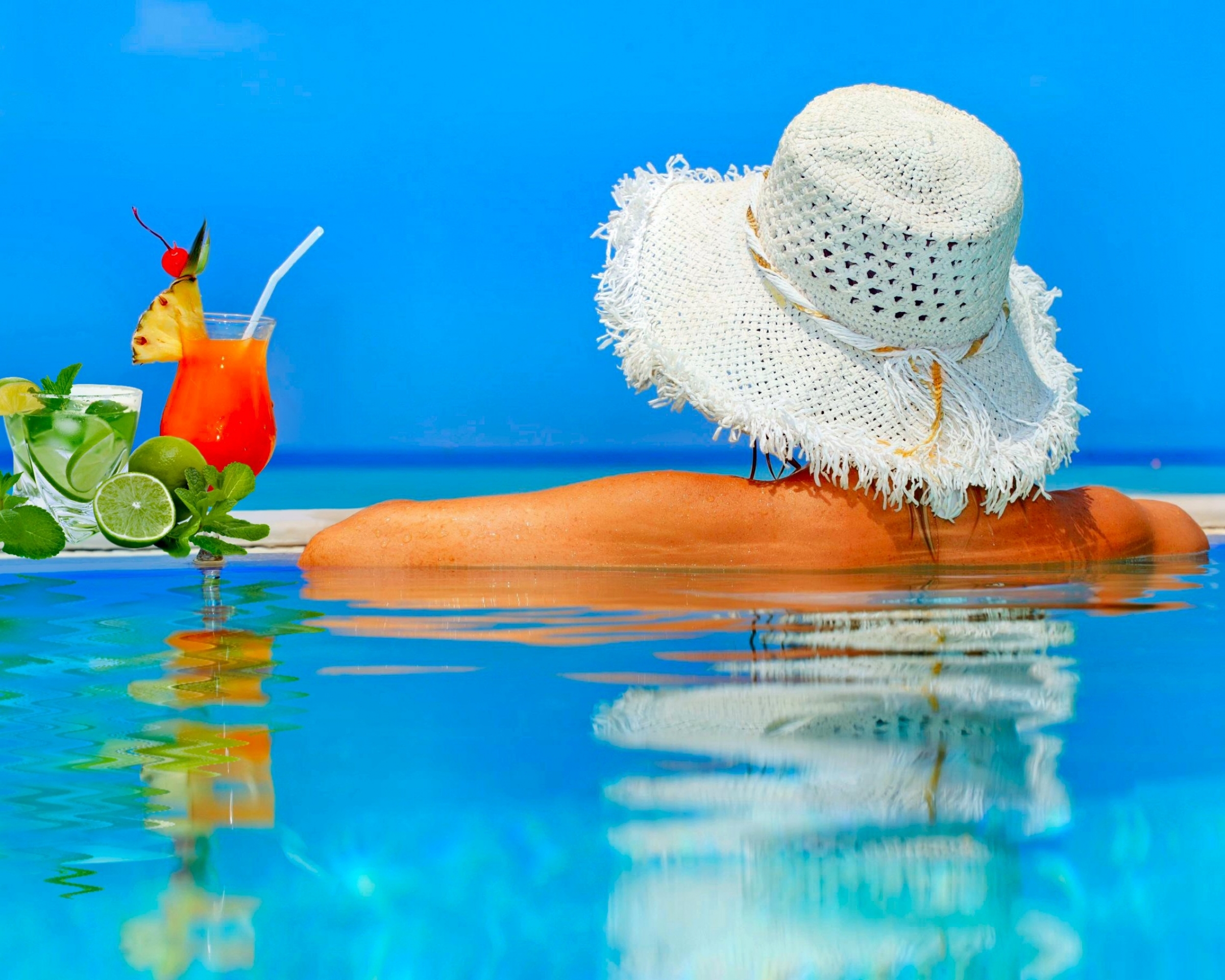 women, beautiful, hat, summer, reflection, mojito, cocktail, pool