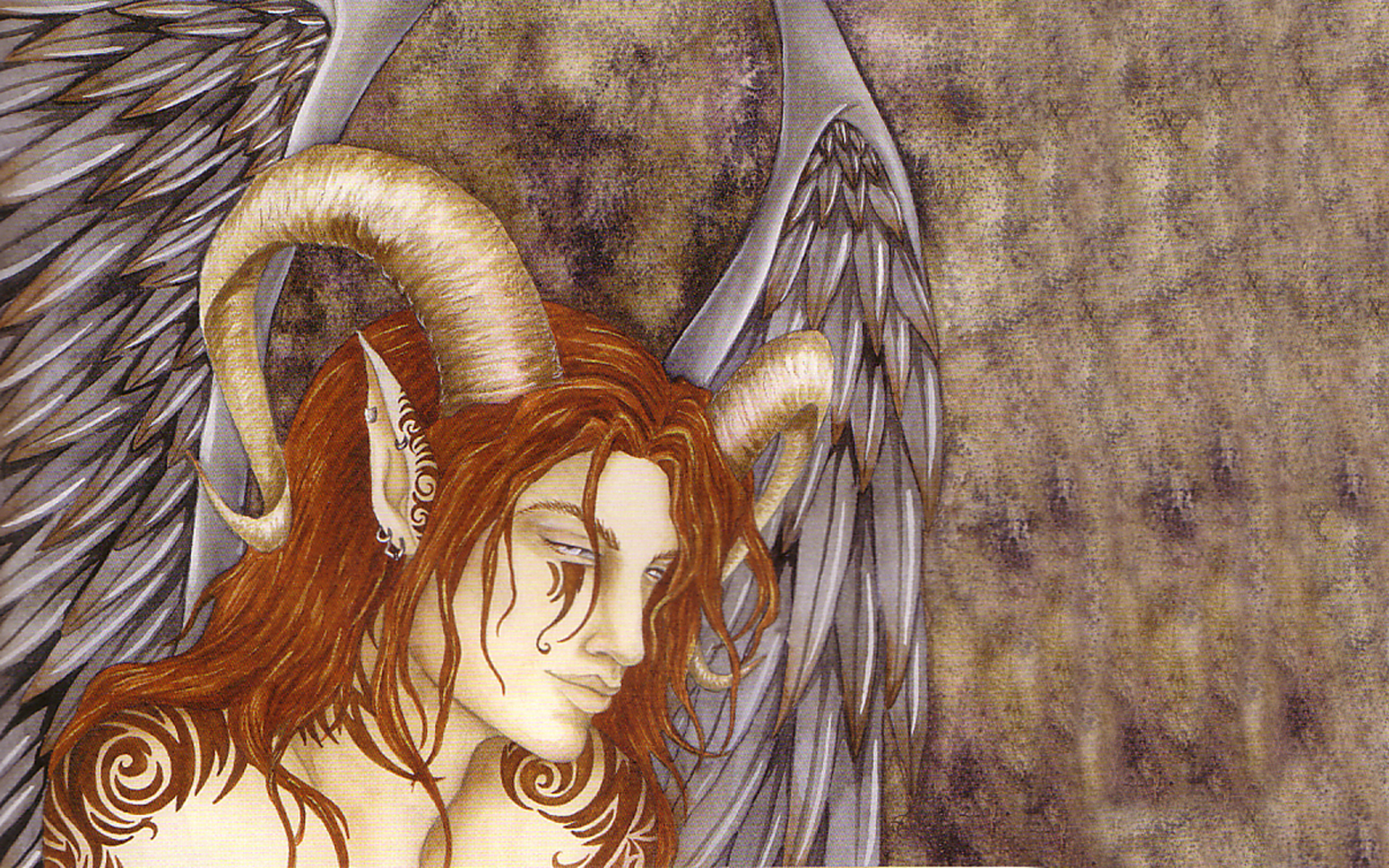 Free download wallpaper Fantasy, Tattoo, Angel, Horns, Demon, Pointed Ears on your PC desktop