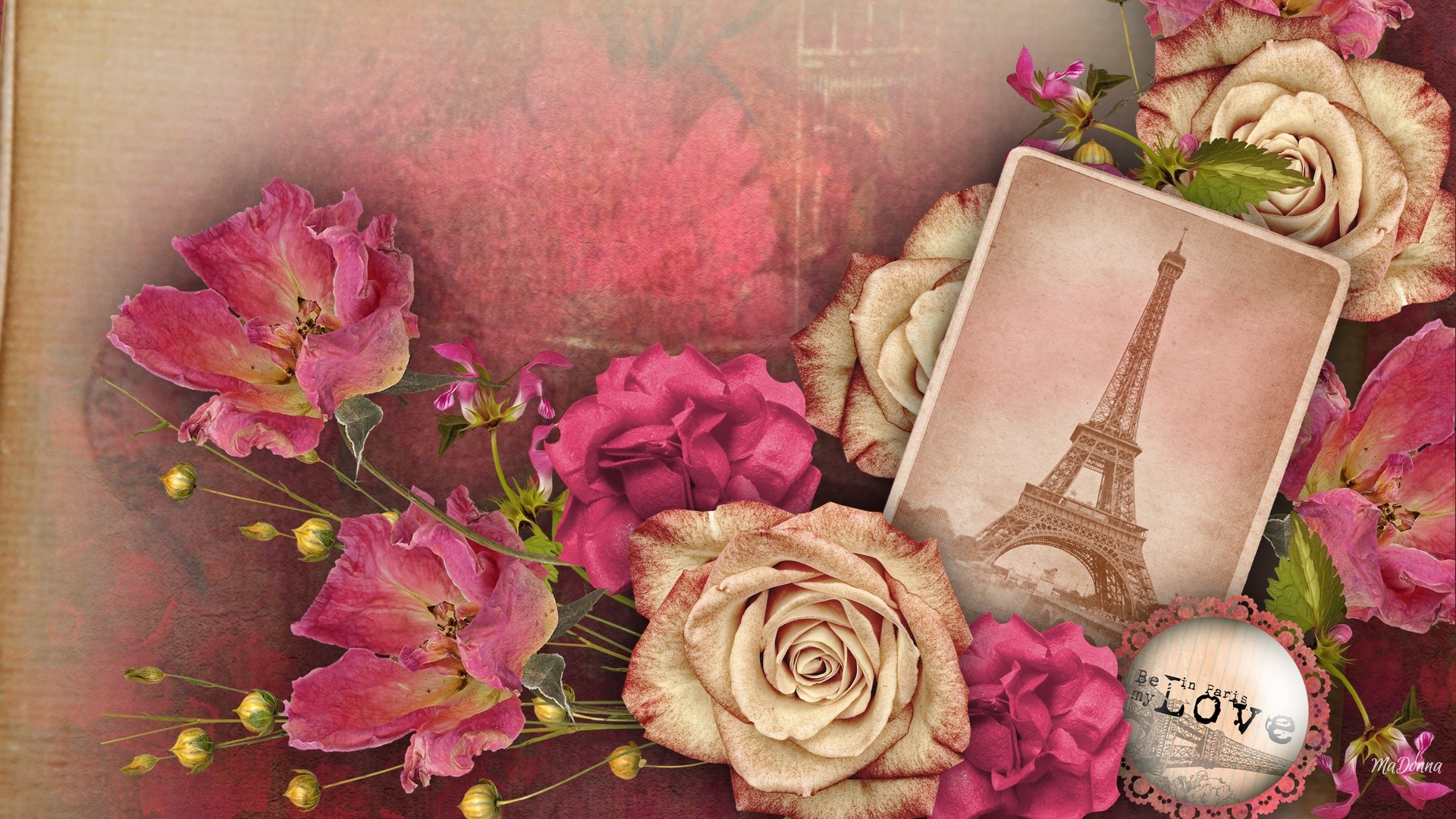 Скачать картинку Париж, Любовь, Эйфелева Башня, Роза, Коллаж, Художественные, Пинк в телефон бесплатно.