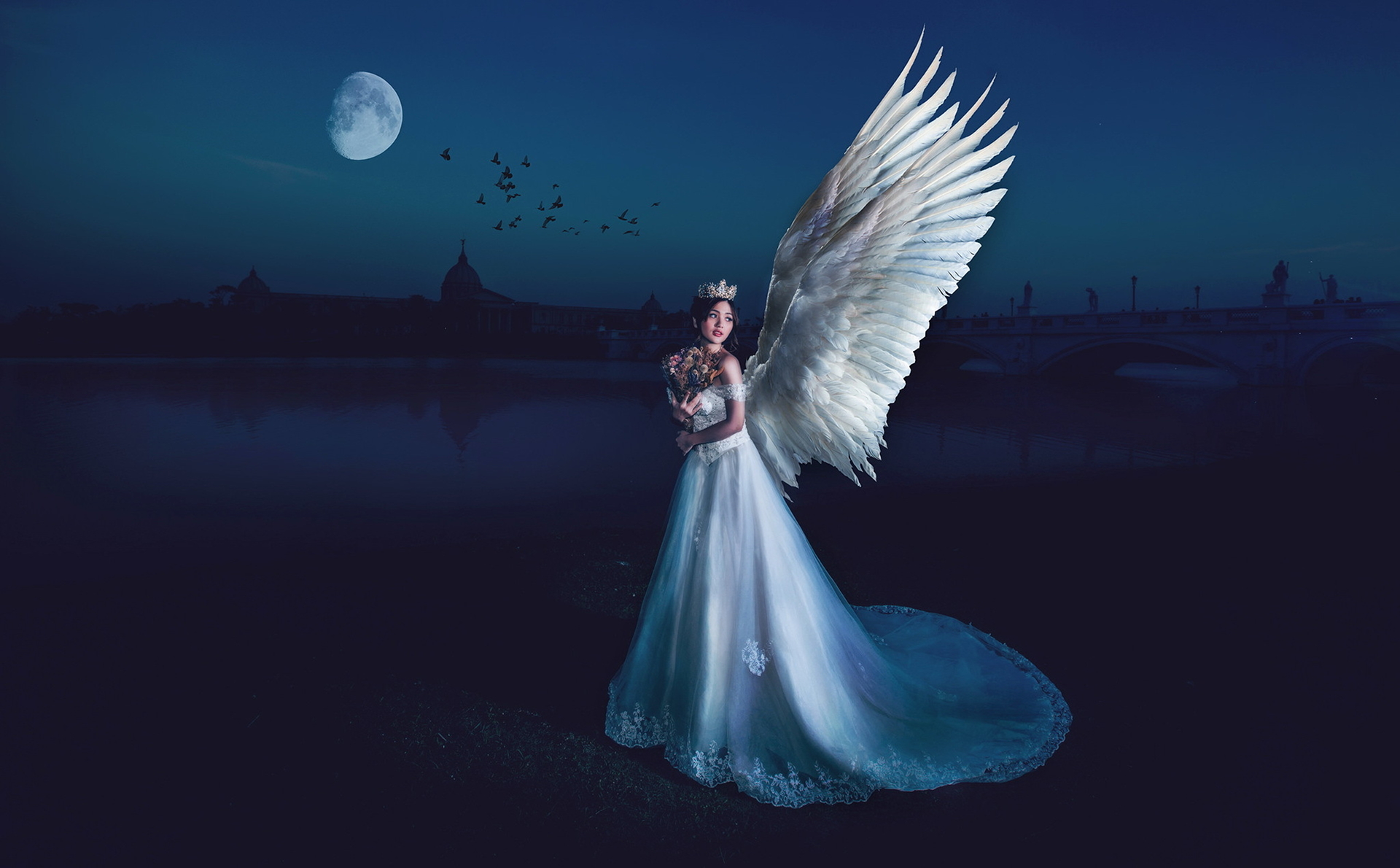 Download mobile wallpaper Fantasy, Crown, Wings, Angel, Dress, Asian for free.