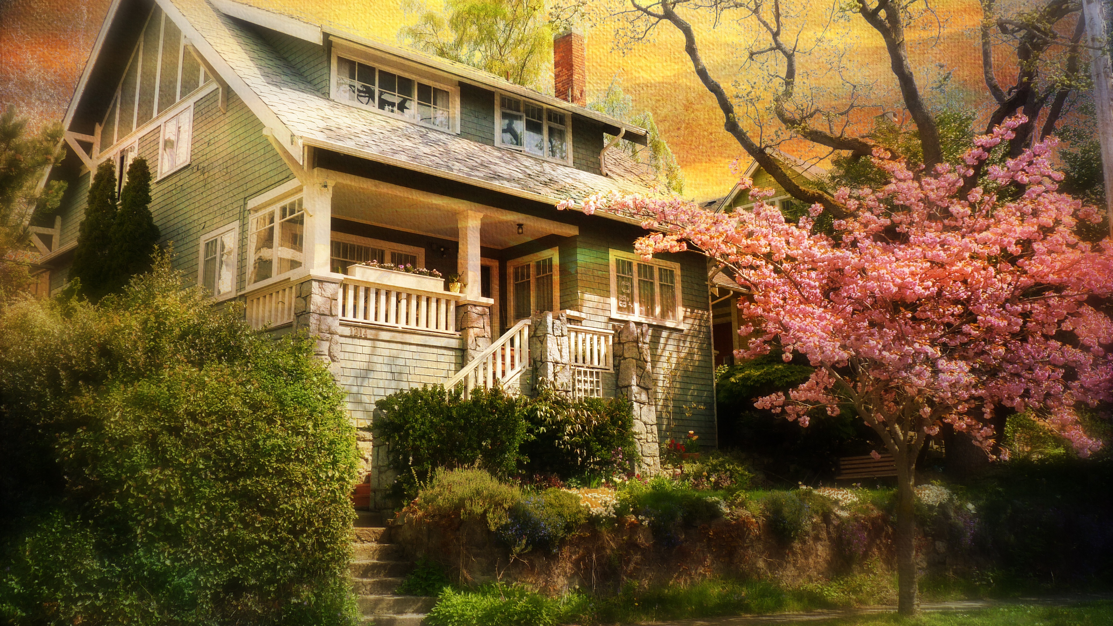 Free download wallpaper Tree, House, Vintage, Spring, Blossom, Man Made on your PC desktop