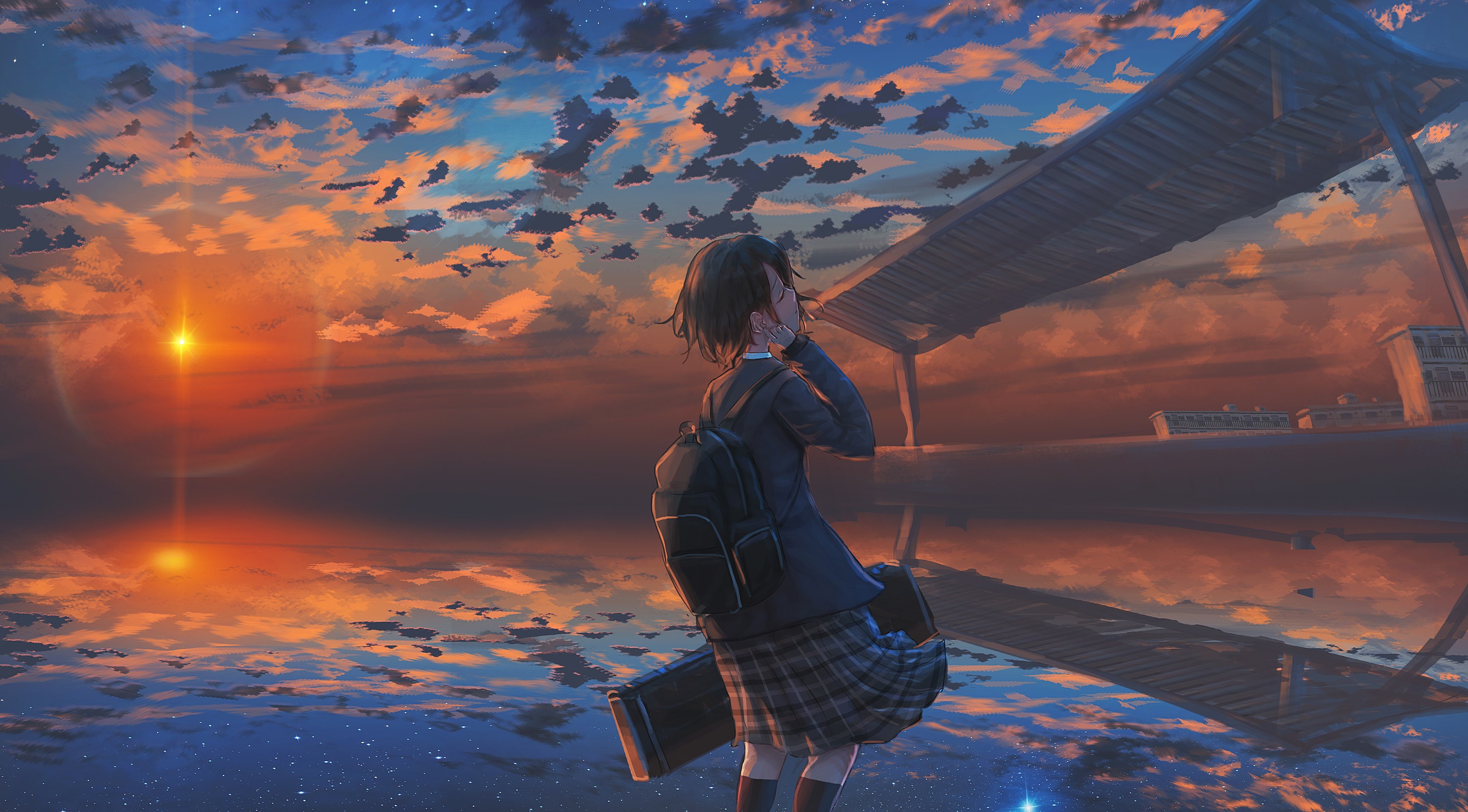 Download mobile wallpaper Anime, Sunset, Sky, Girl, Cloud for free.