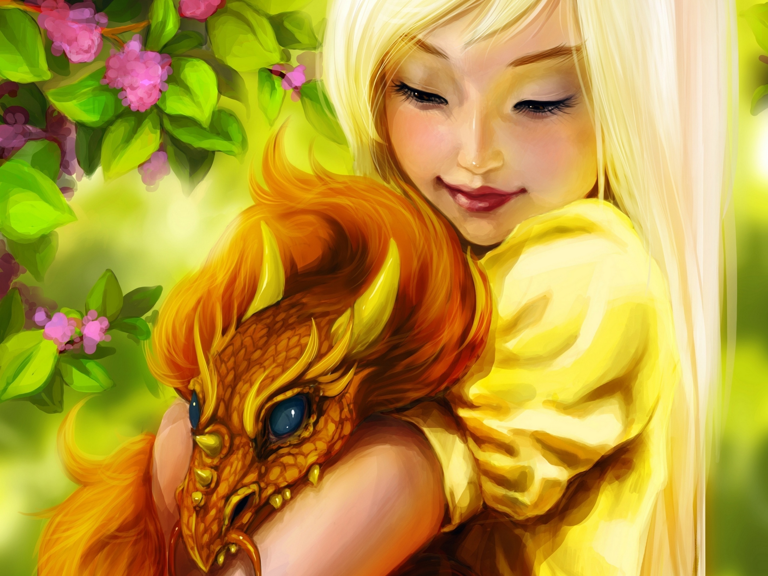 Desktop FHD paints, art, girl, dragon