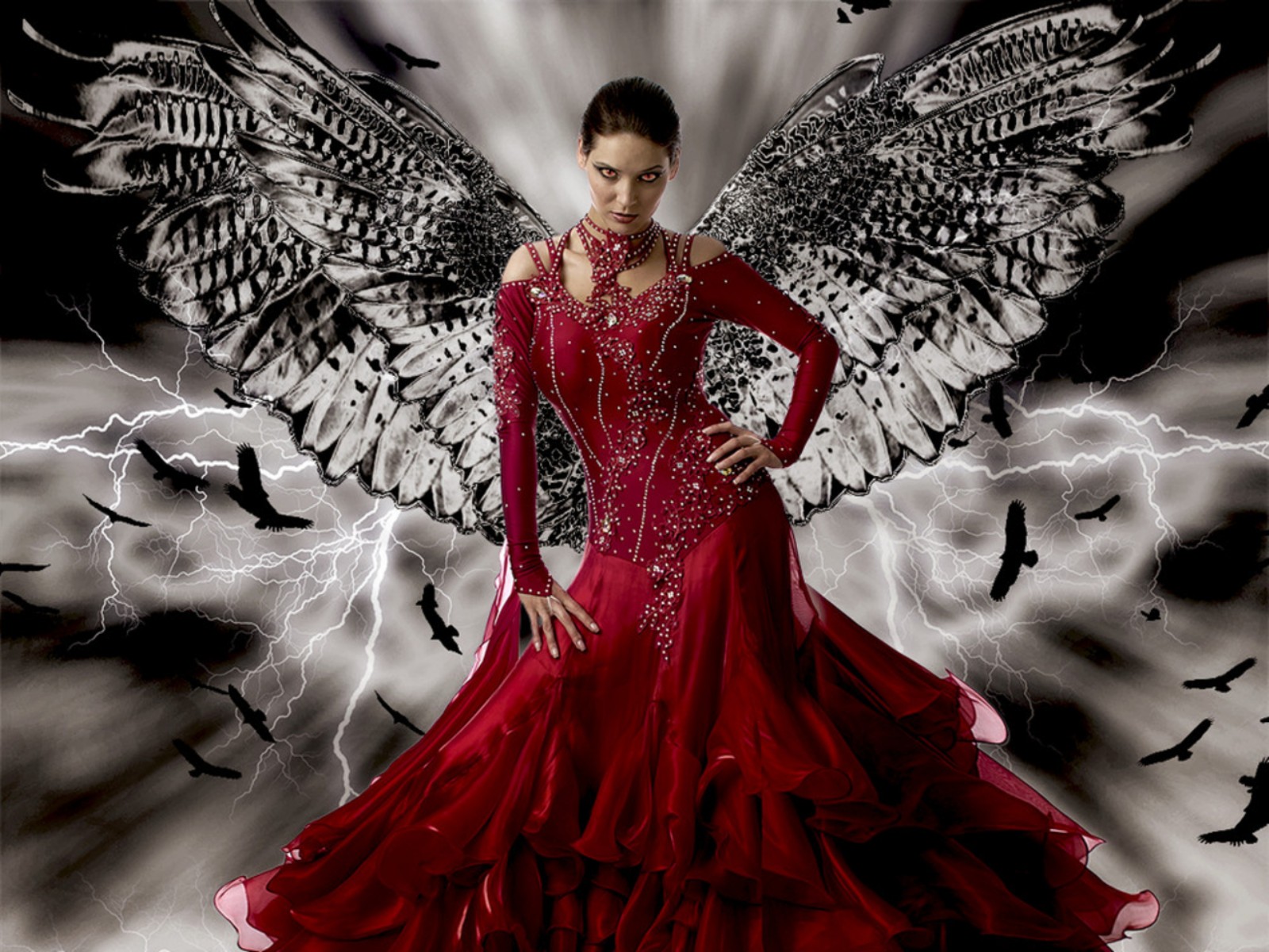 Laden Sie das Fantasie, Engel, Flügel, Krähe, Rotes Kleid-Bild kostenlos auf Ihren PC-Desktop herunter