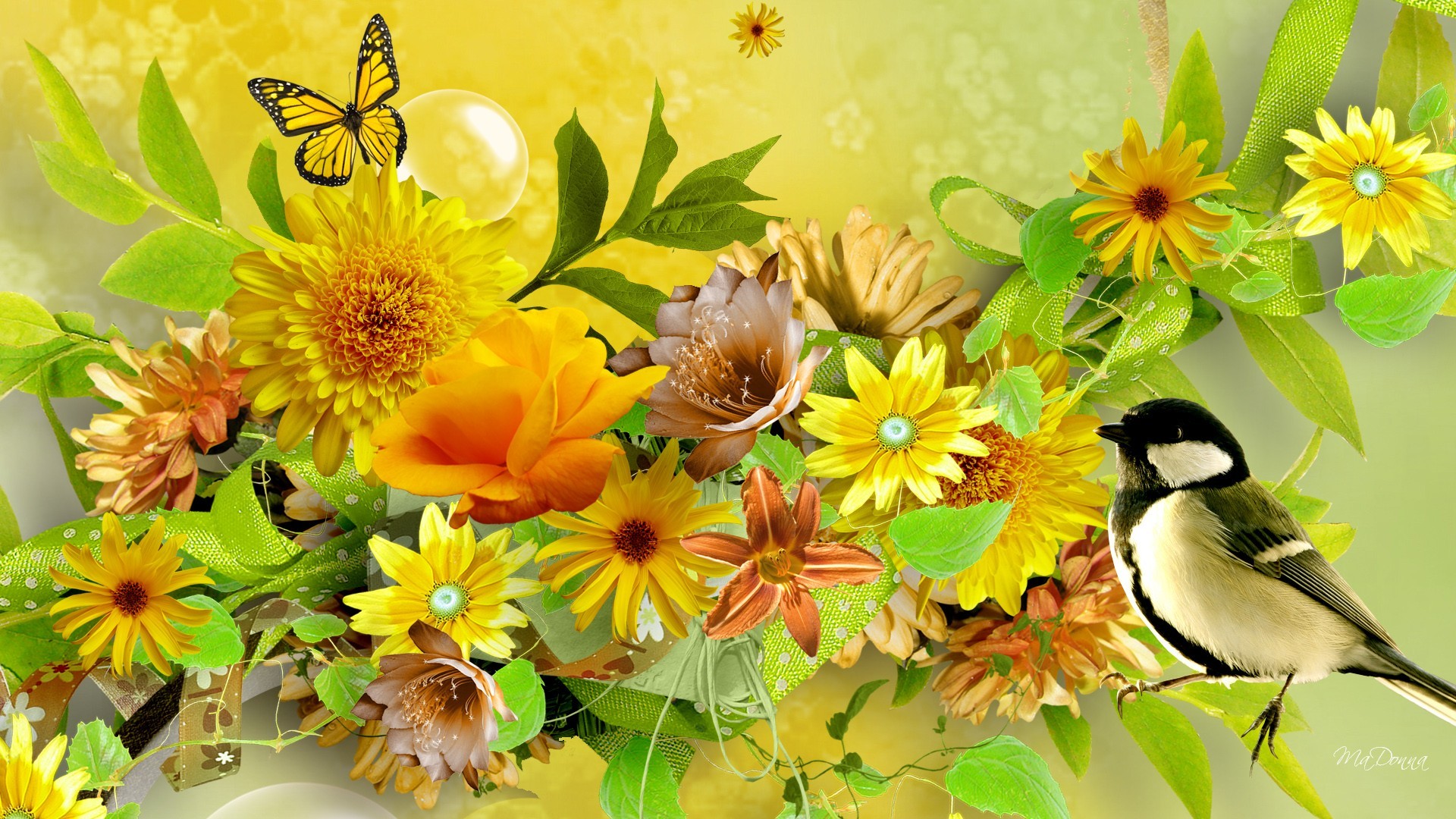 Завантажити шпалери безкоштовно Квітка, Птах, Колаж, Метелик, Весна, Художній, Жовта Квітка картинка на робочий стіл ПК