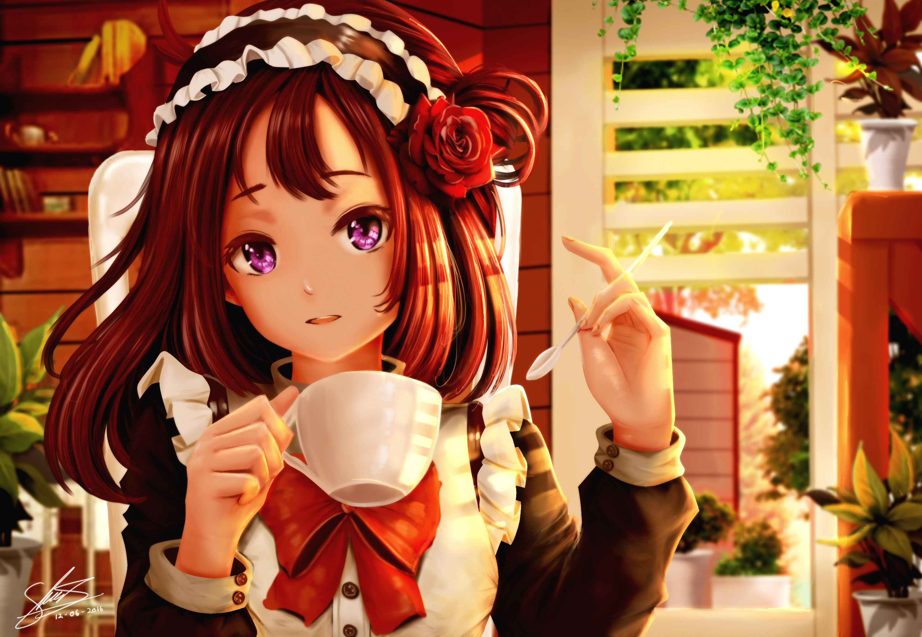anime, original, bow (clothing), brown hair, cup, flower, maid, purple eyes, spoon