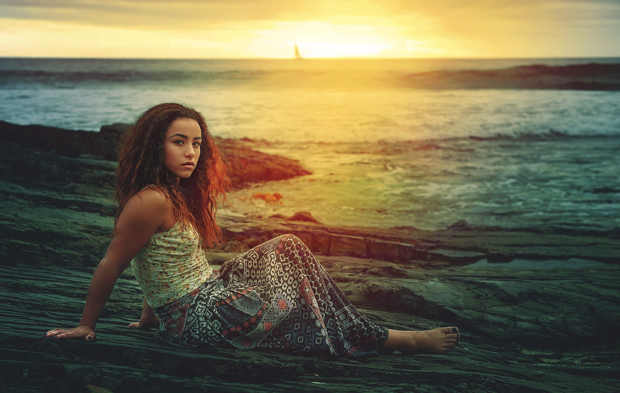 Download mobile wallpaper Sunset, Sea, Brunette, Model, Women, Depth Of Field for free.