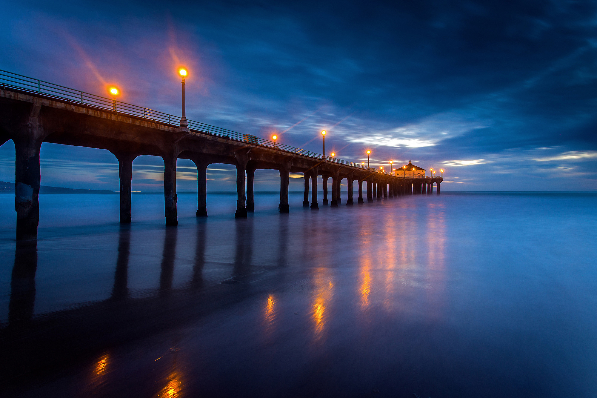 Free download wallpaper Night, Light, Pier, Ocean, Evening, California, Man Made on your PC desktop