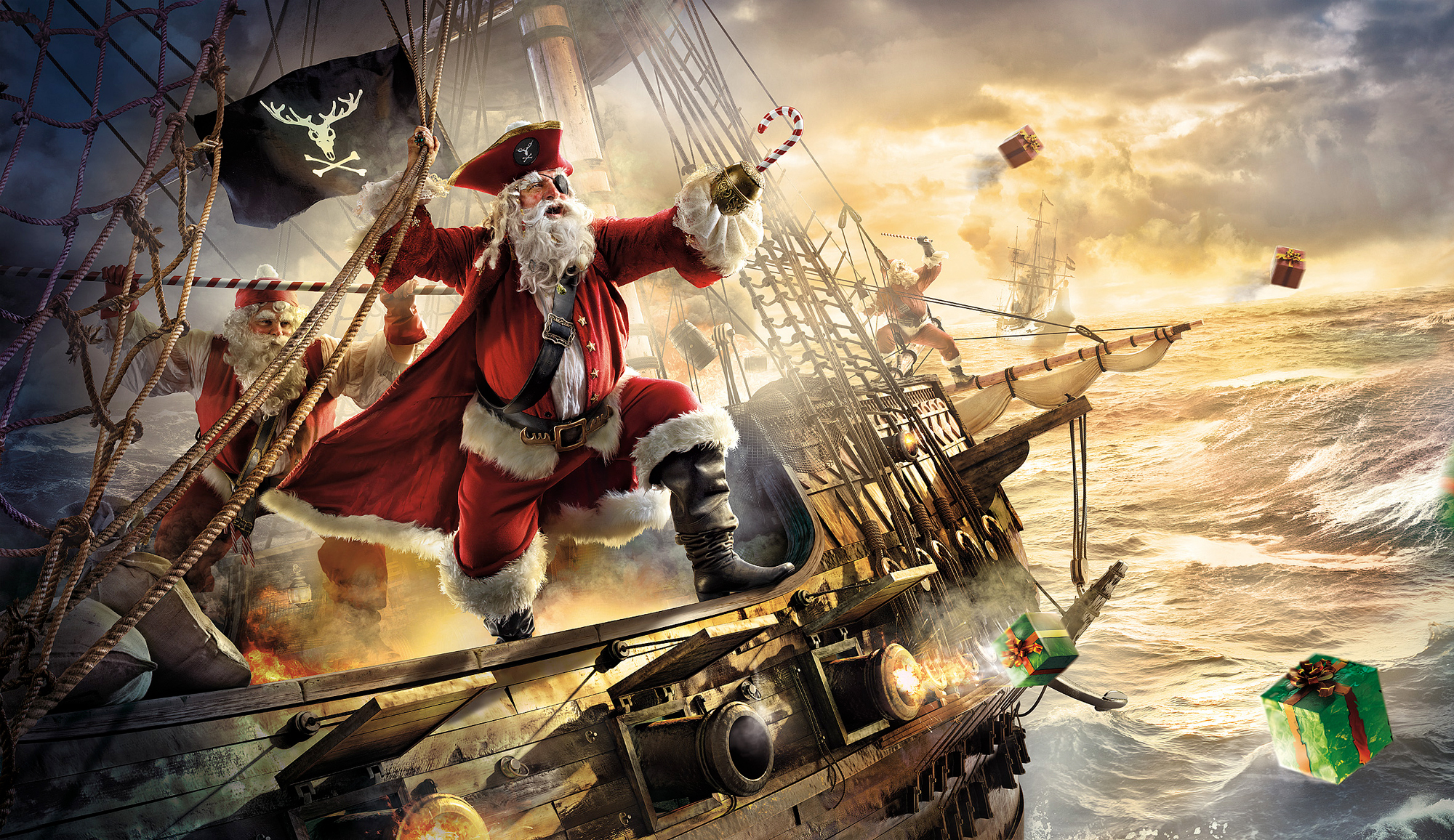 547218 Hintergrundbild herunterladen weihnachten, weihnachtsmann, feiertage, augenklappe, lustig, pirat, schiff - Bildschirmschoner und Bilder kostenlos