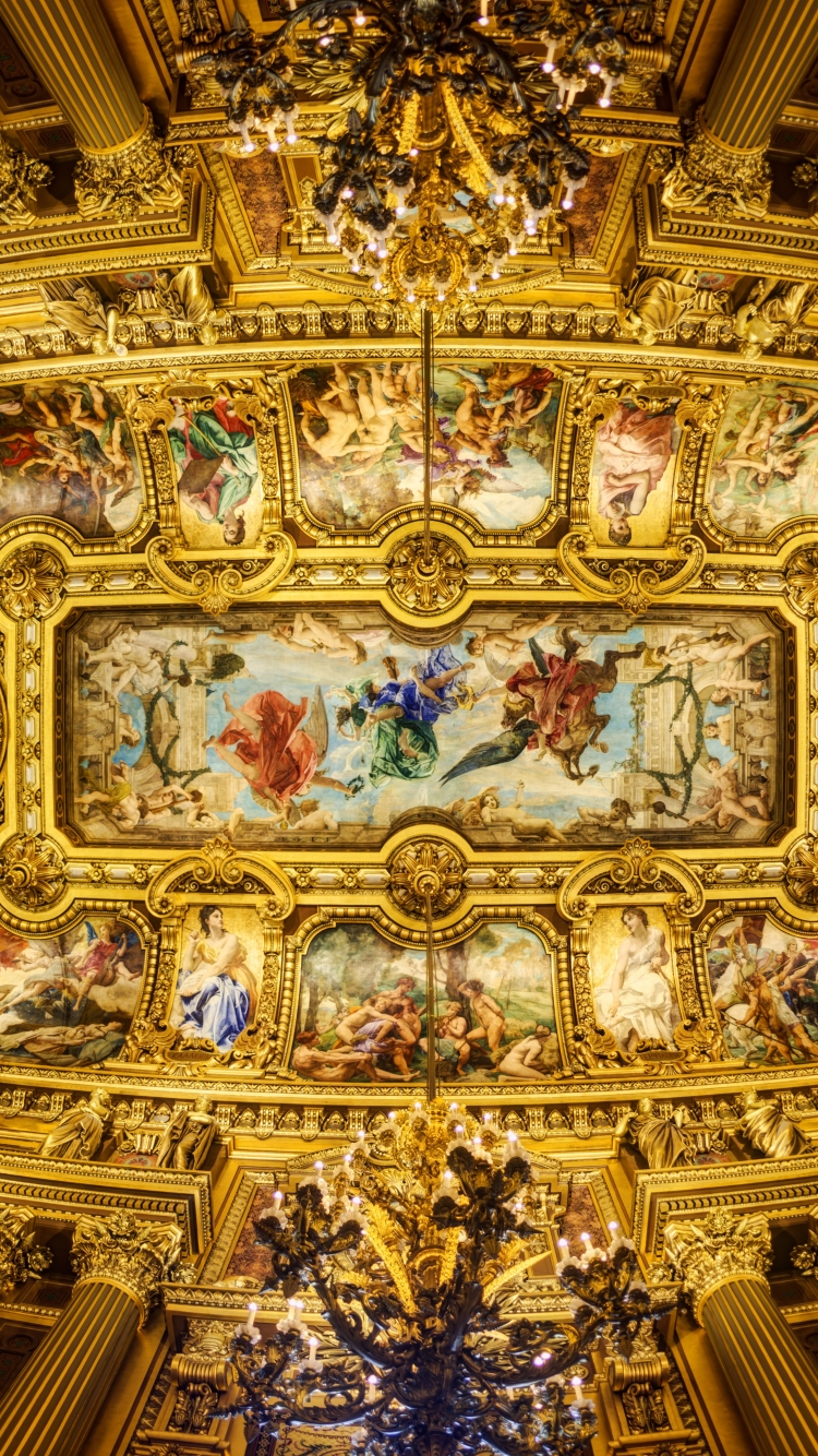 man made, palais garnier, painting, interior, ceiling, chandelier, paris, sculpture, columns HD wallpaper