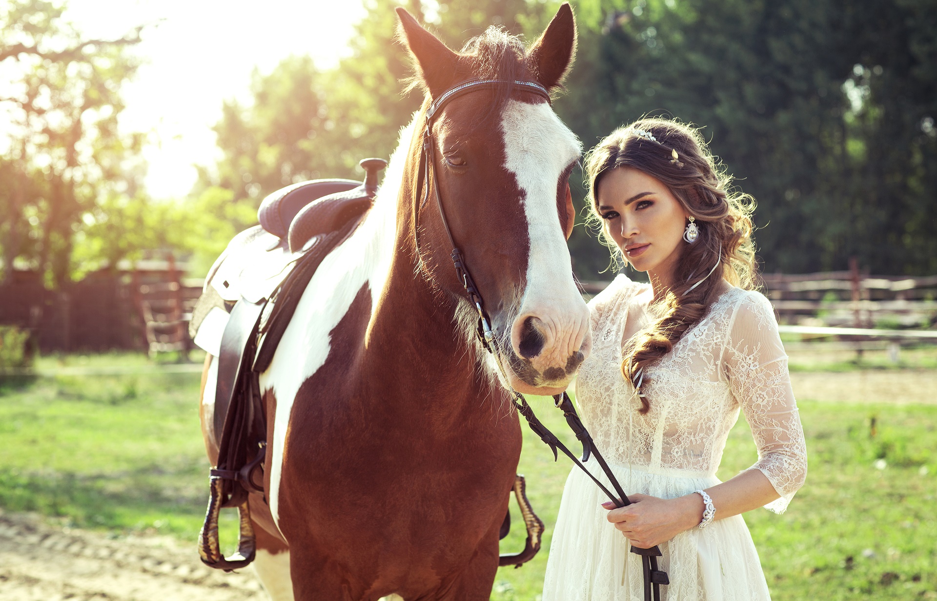 Download mobile wallpaper Horse, Brunette, Sunny, Model, Women, Braid, White Dress for free.