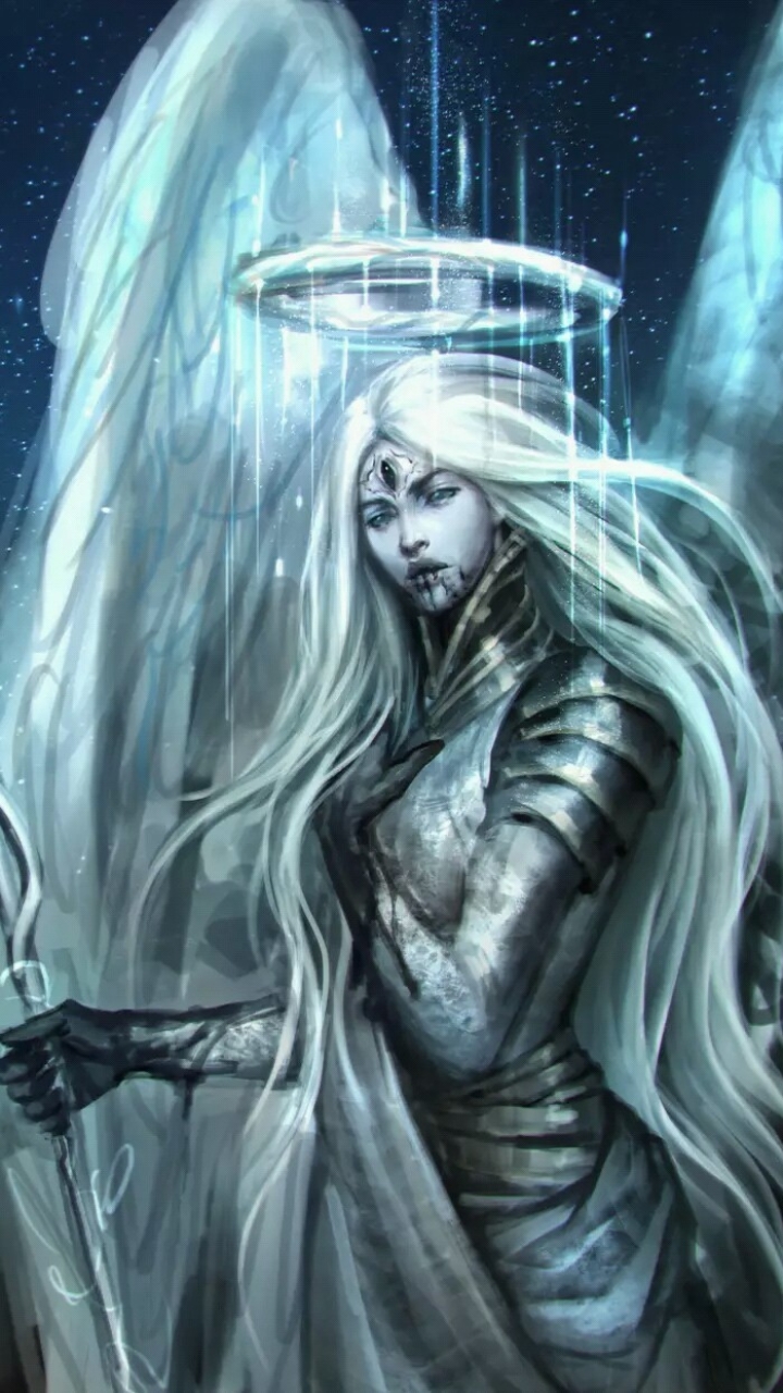 Download mobile wallpaper Fantasy, Wings, Armor, Long Hair, White Hair, Woman Warrior, Angel Warrior for free.