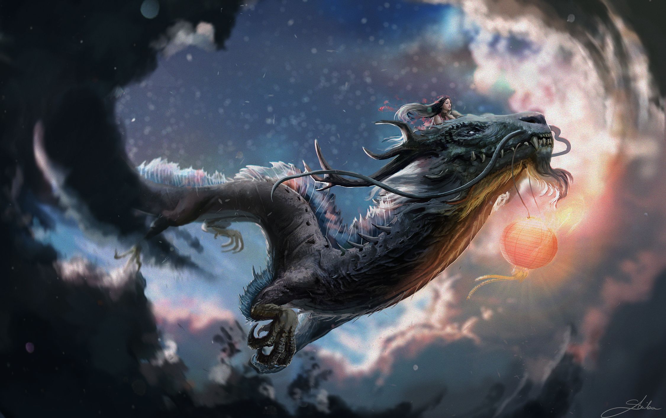 Free download wallpaper Fantasy, Lantern, Dragon, Oriental on your PC desktop