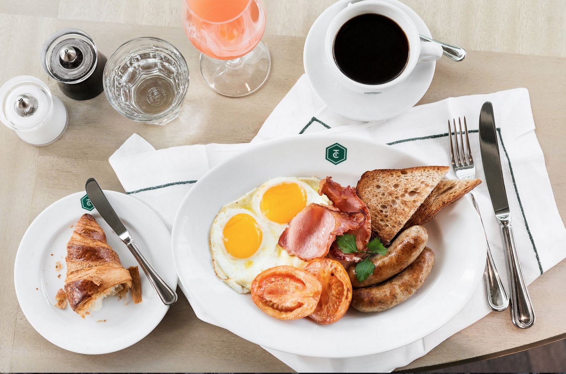 Download mobile wallpaper Food, Meat, Coffee, Cup, Egg, Breakfast, Croissant, Sausage for free.