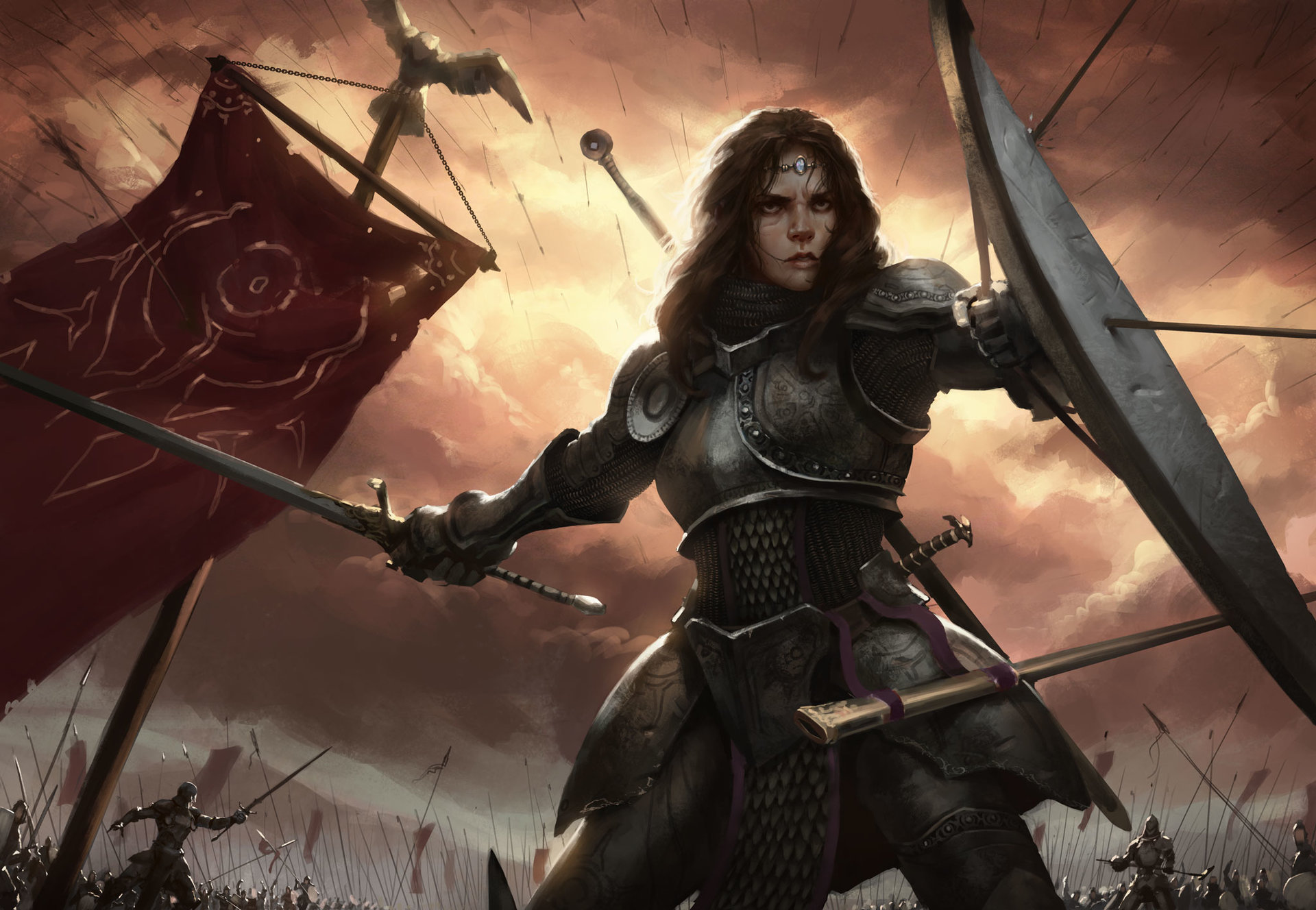 Free download wallpaper Fantasy, Arrow, Shield, Battle, Armor, Sword, Brown Hair, Women Warrior, Woman Warrior, Banner on your PC desktop
