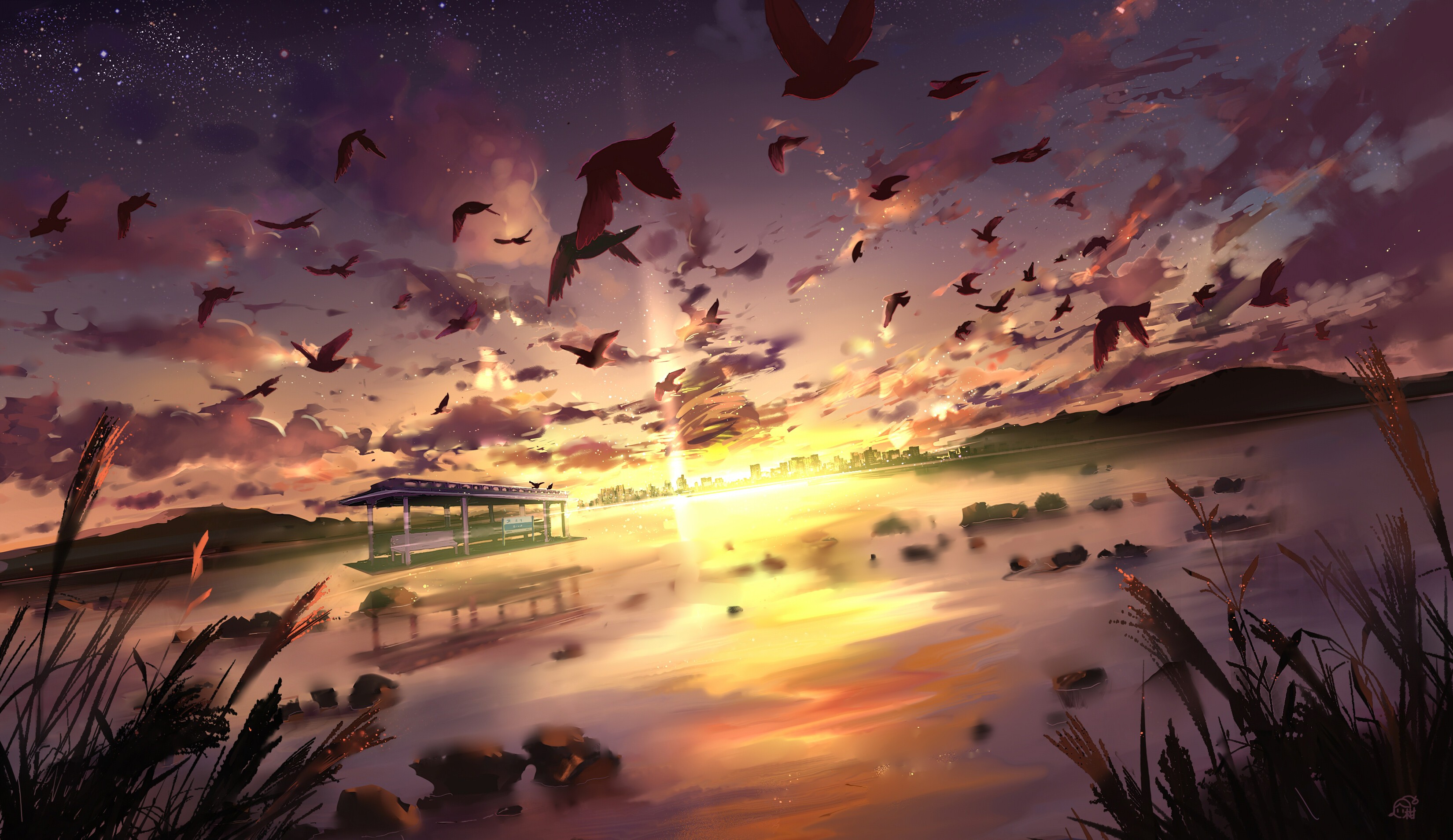 Download mobile wallpaper Anime, Landscape, Water, Sky, Bird, Cloud, Original for free.