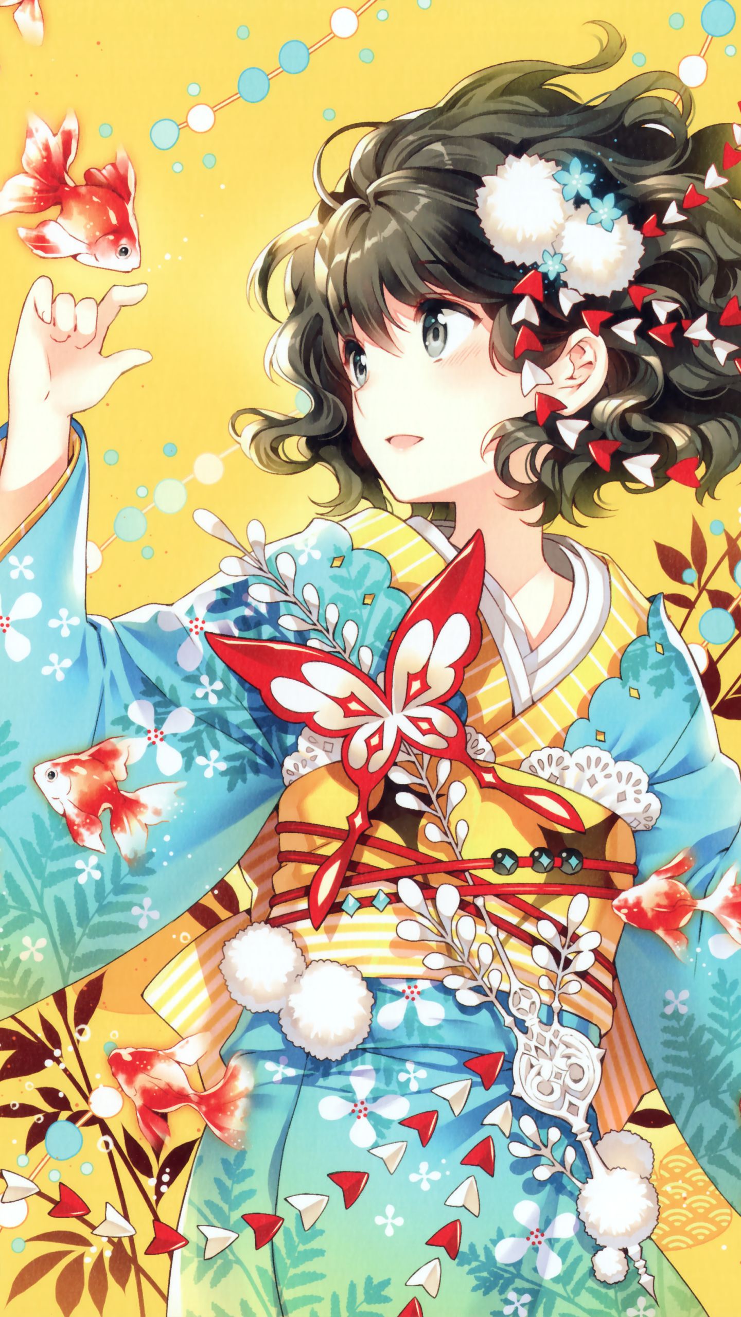 Download mobile wallpaper Anime, Butterfly, Kimono, Koi, Original, Goldfish, Blush, Black Hair, Short Hair, Yukata for free.