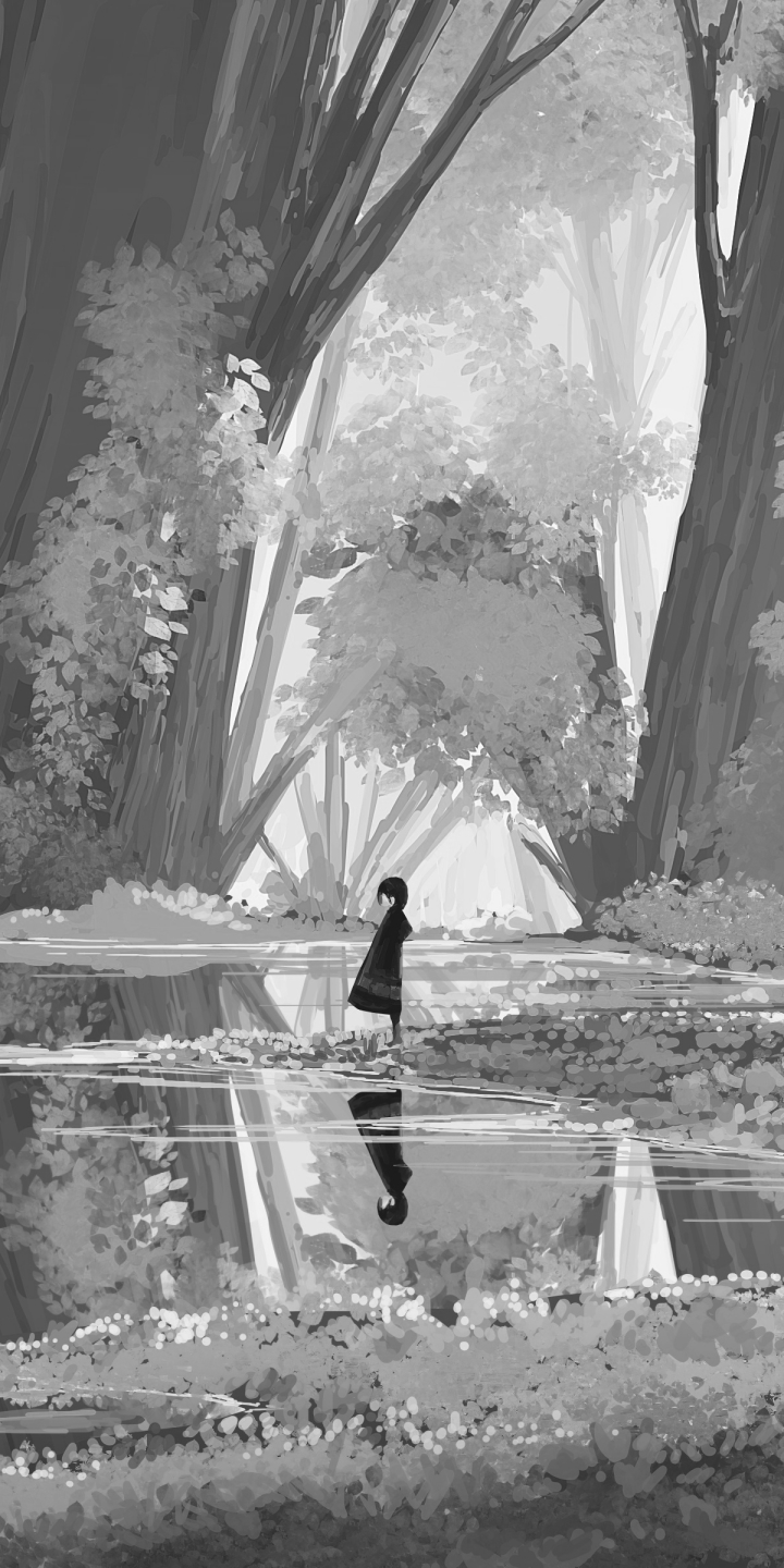 Download mobile wallpaper Anime, Reflection, Forest for free.
