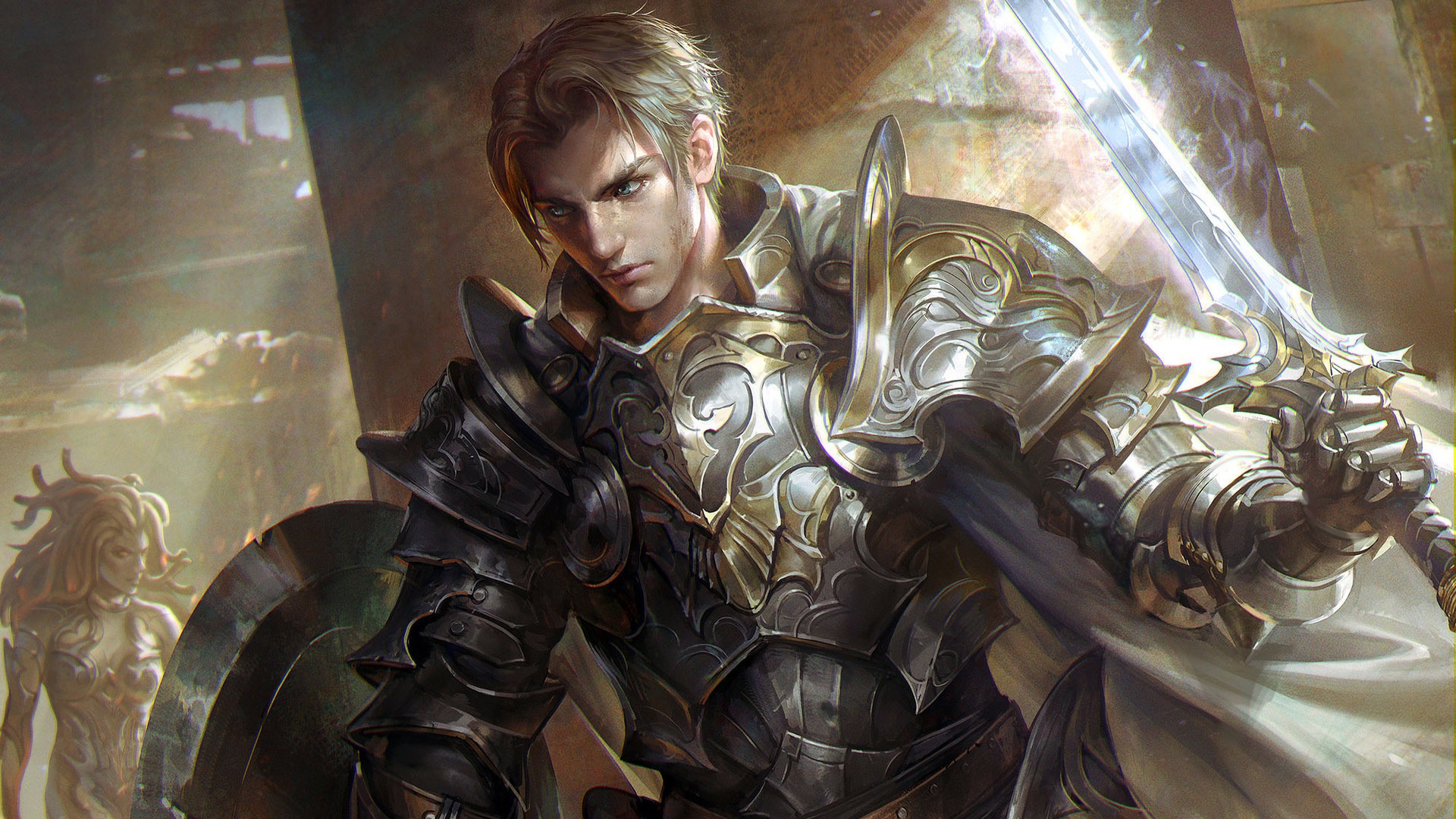 Download mobile wallpaper Fantasy, Warrior, Blonde, Armor, Sword, Medusa for free.